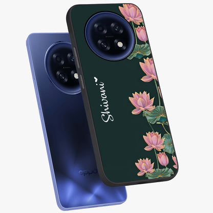 Lotus Bloom Serenity Custom Name Glass Case displayed in angled mockup highlighting graceful lotus illustration with custom name feature.