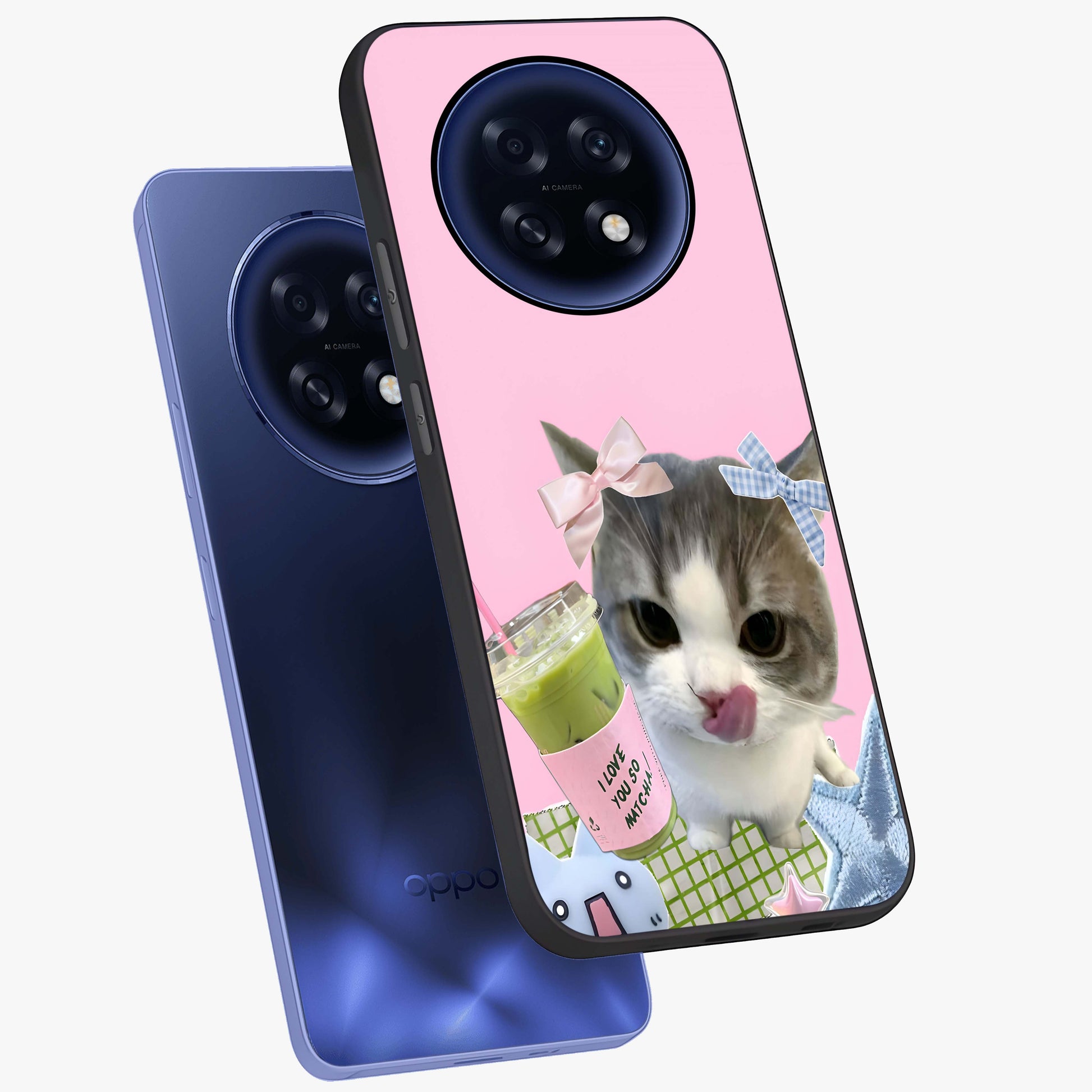 Love Matcha Cat Glass Case displayed in angled mockup highlighting playful feline illustration with cozy matcha aesthetic.