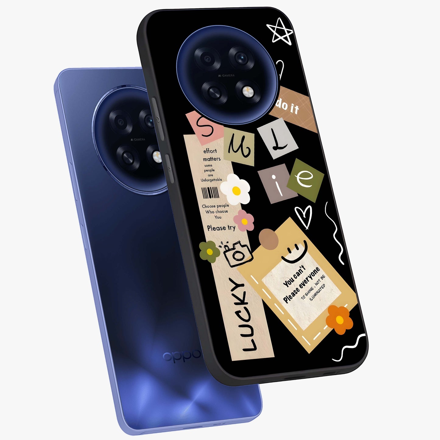 Lucky Aesthetic Collage Glass Case displayed in angled mockup highlighting stylish collage pattern with modern aesthetic vibe.