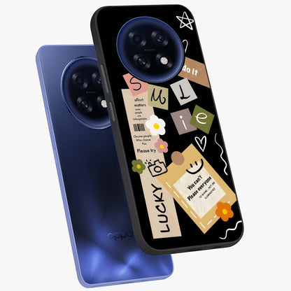 Lucky Aesthetic Collage Glass Case displayed in angled mockup highlighting stylish collage pattern with modern aesthetic vibe.