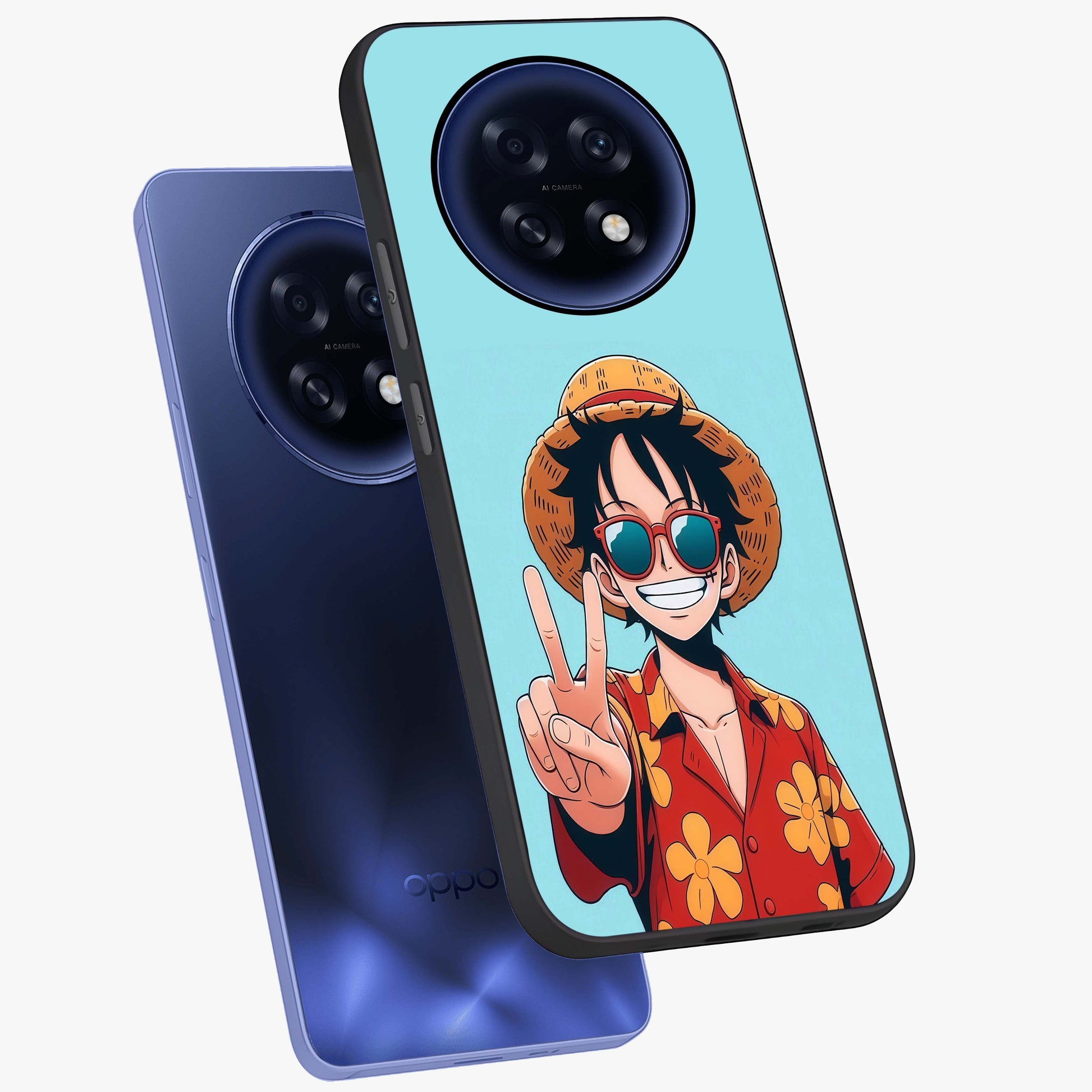 Luffy Summer Anime Vibe Glass Case displayed in angled mockup highlighting energetic anime illustration with summer vibe aesthetic.