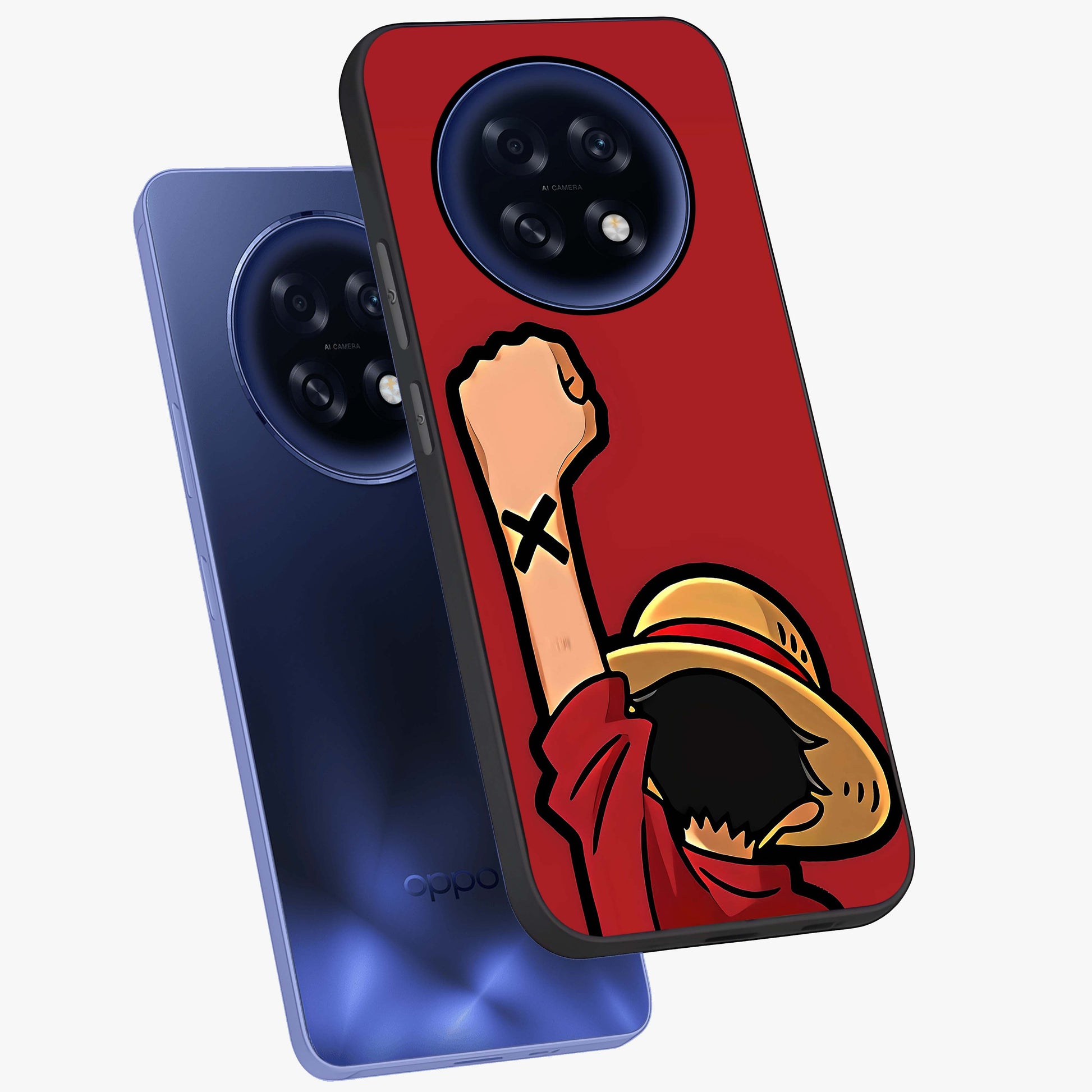 Luffy X Spirit Glass Case displayed in angled mockup highlighting powerful anime design with energetic action aesthetic.