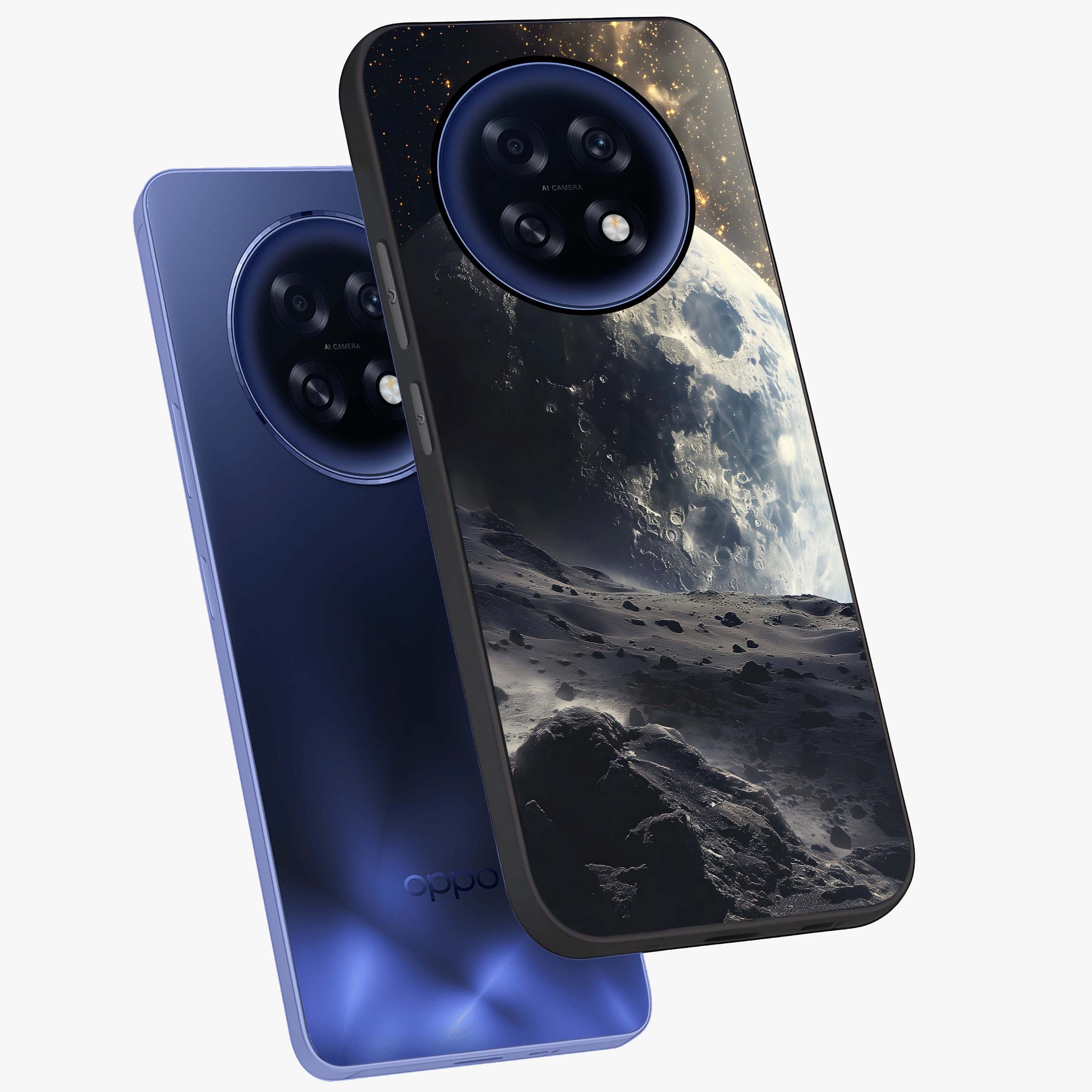 Lunar Horizon Glow Glass Case displayed in angled mockup highlighting celestial moon design with dreamy night aesthetic.