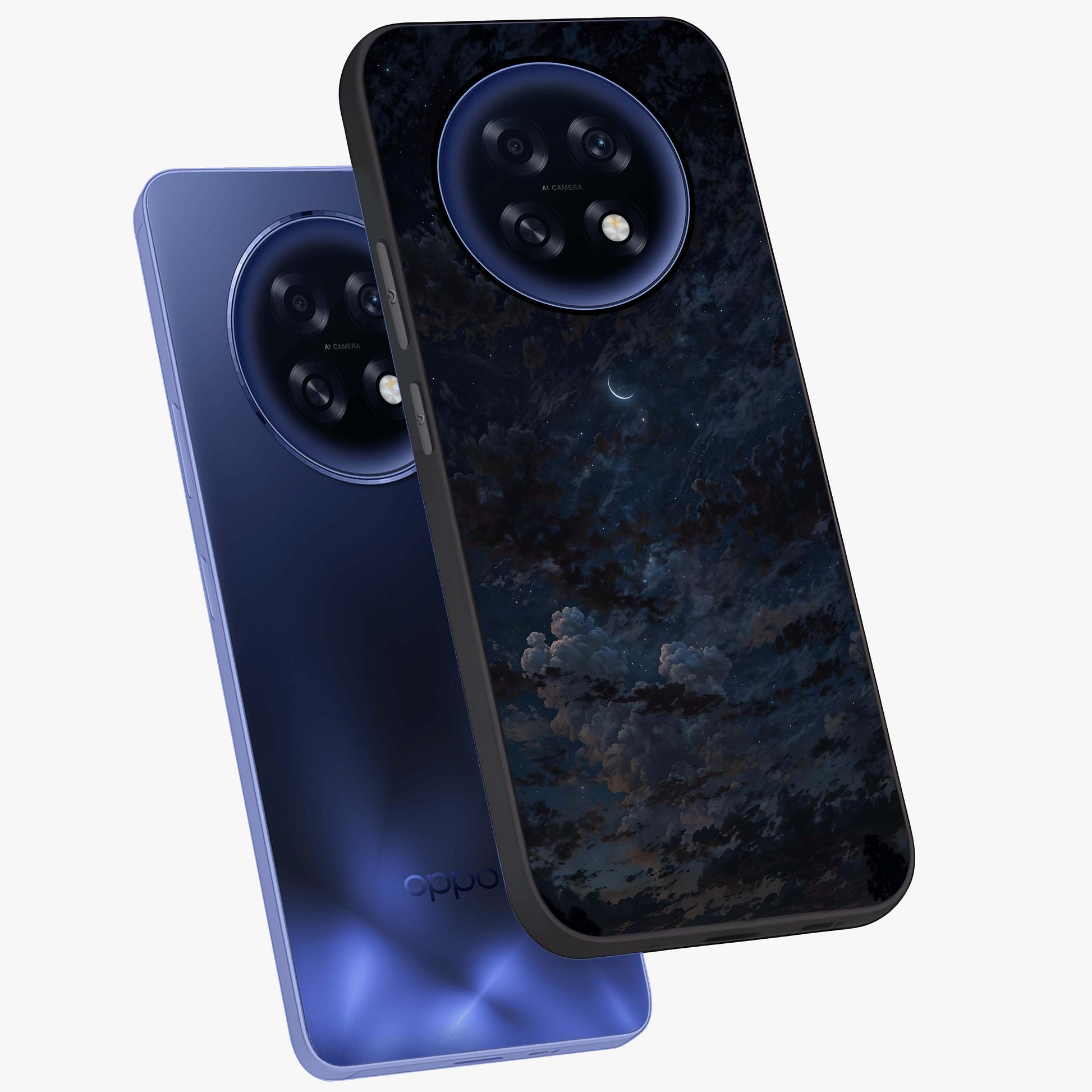 Lunar Veil Silence Glass Case displayed in angled mockup highlighting soft lunar design with peaceful celestial aesthetic.