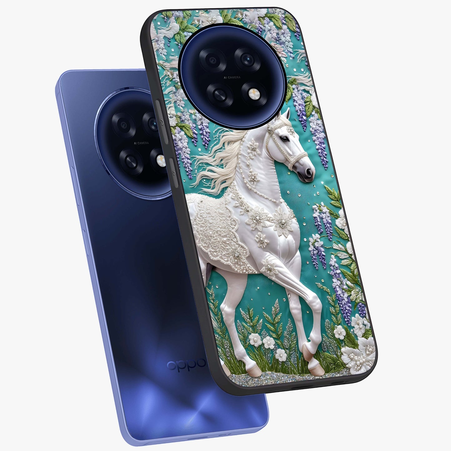 Majestic Floral Stallion Glass Case displayed in angled mockup highlighting majestic stallion illustration with elegant floral aesthetic.