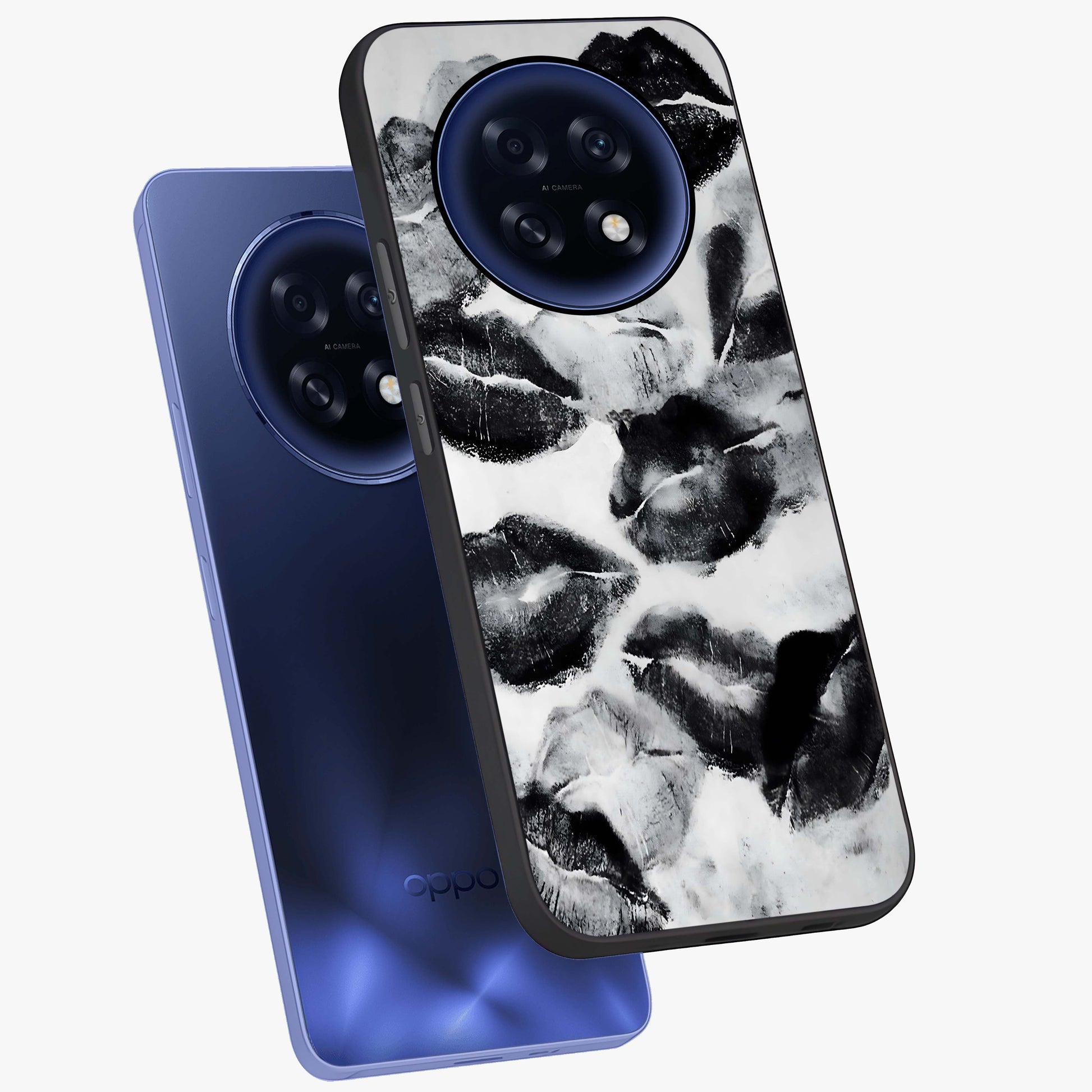 Midnight Kiss Marks Glass Case displayed in angled mockup highlighting playful romantic design with bold midnight aesthetic.