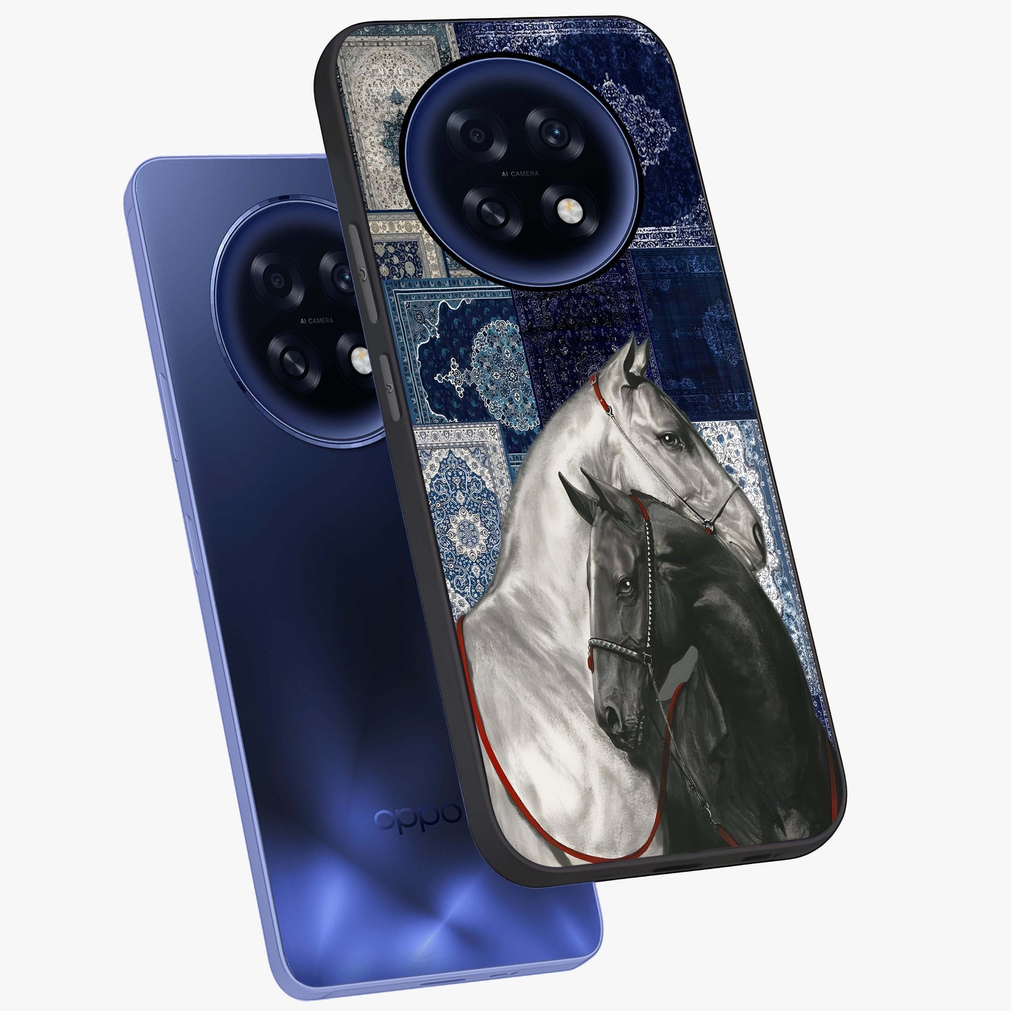Midnight Stallion Blues Glass Case displayed in angled mockup highlighting powerful stallion illustration with deep midnight tones.