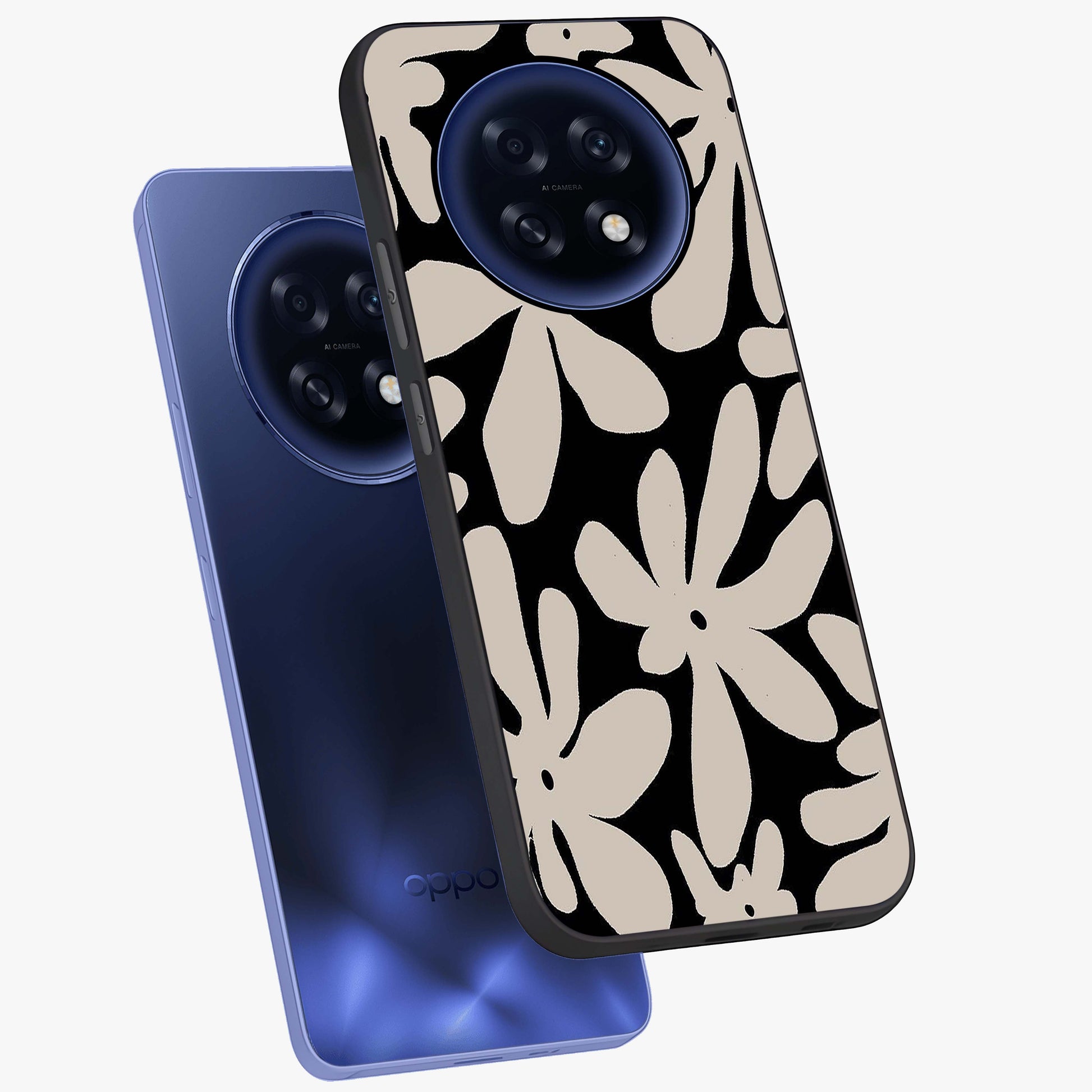 Monochrome Petal Dance Glass Case displayed in angled mockup highlighting elegant petal design with black and white aesthetic.