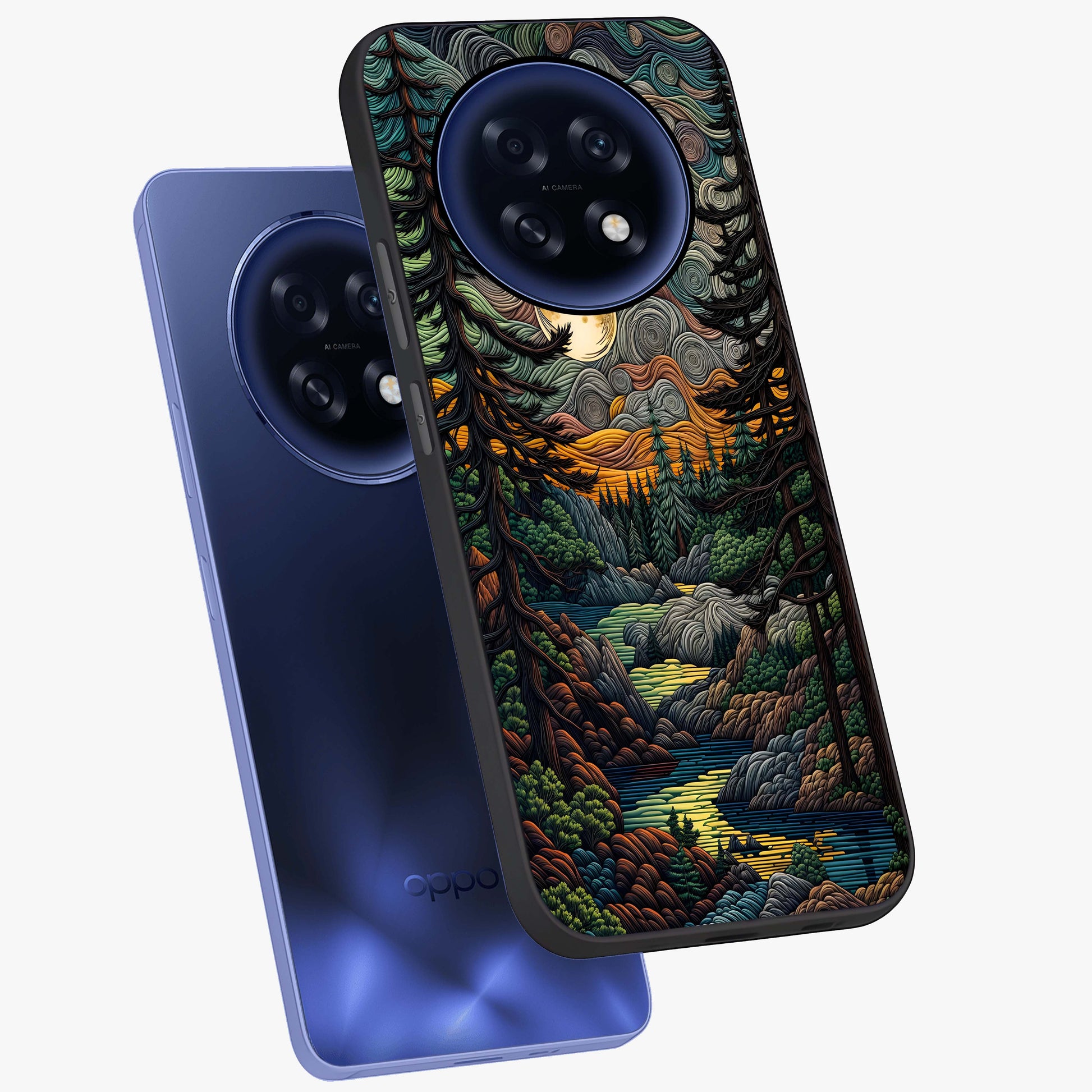 Moonlight Forest Dream Glass Case displayed in angled mockup highlighting dreamy forest design with glowing moon aesthetic.