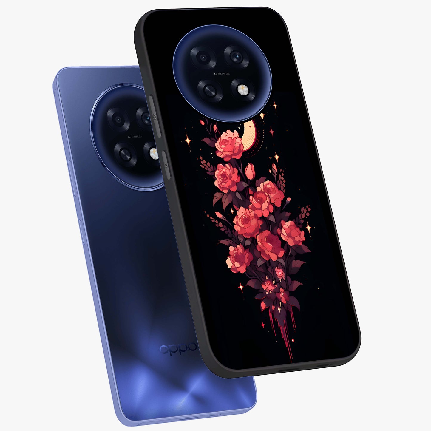 Moonlit Floral Elegance Glass Case displayed in angled mockup highlighting graceful flower design with soft moonlight aesthetic.