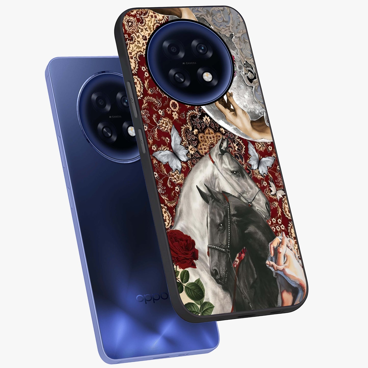 Moonlit Royal Stallion Glass Case displayed in angled mockup highlighting powerful stallion illustration with royal night aesthetic.