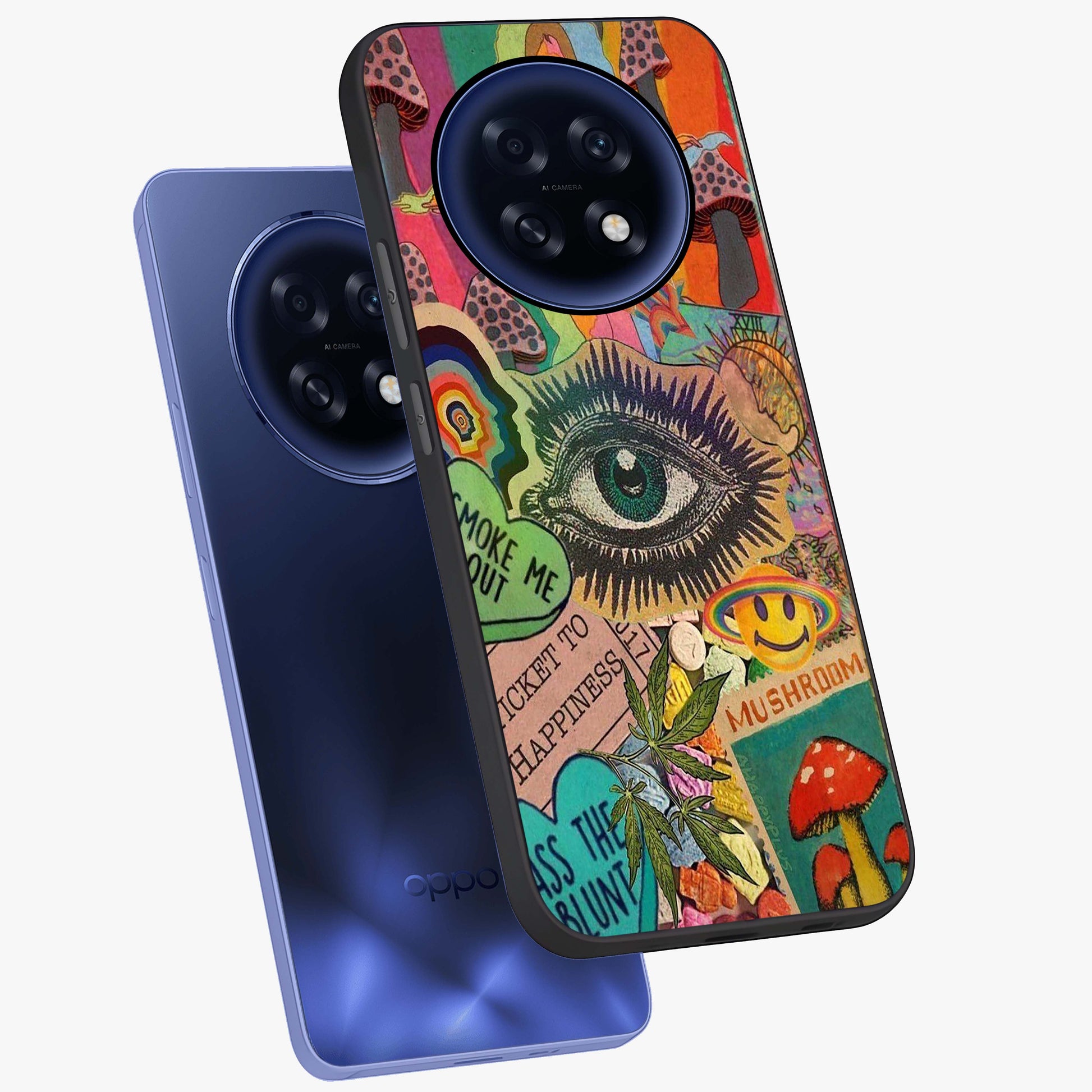 Mystic Eye Wonderland Glass Case displayed in angled mockup highlighting magical eye illustration with dreamy aesthetic.