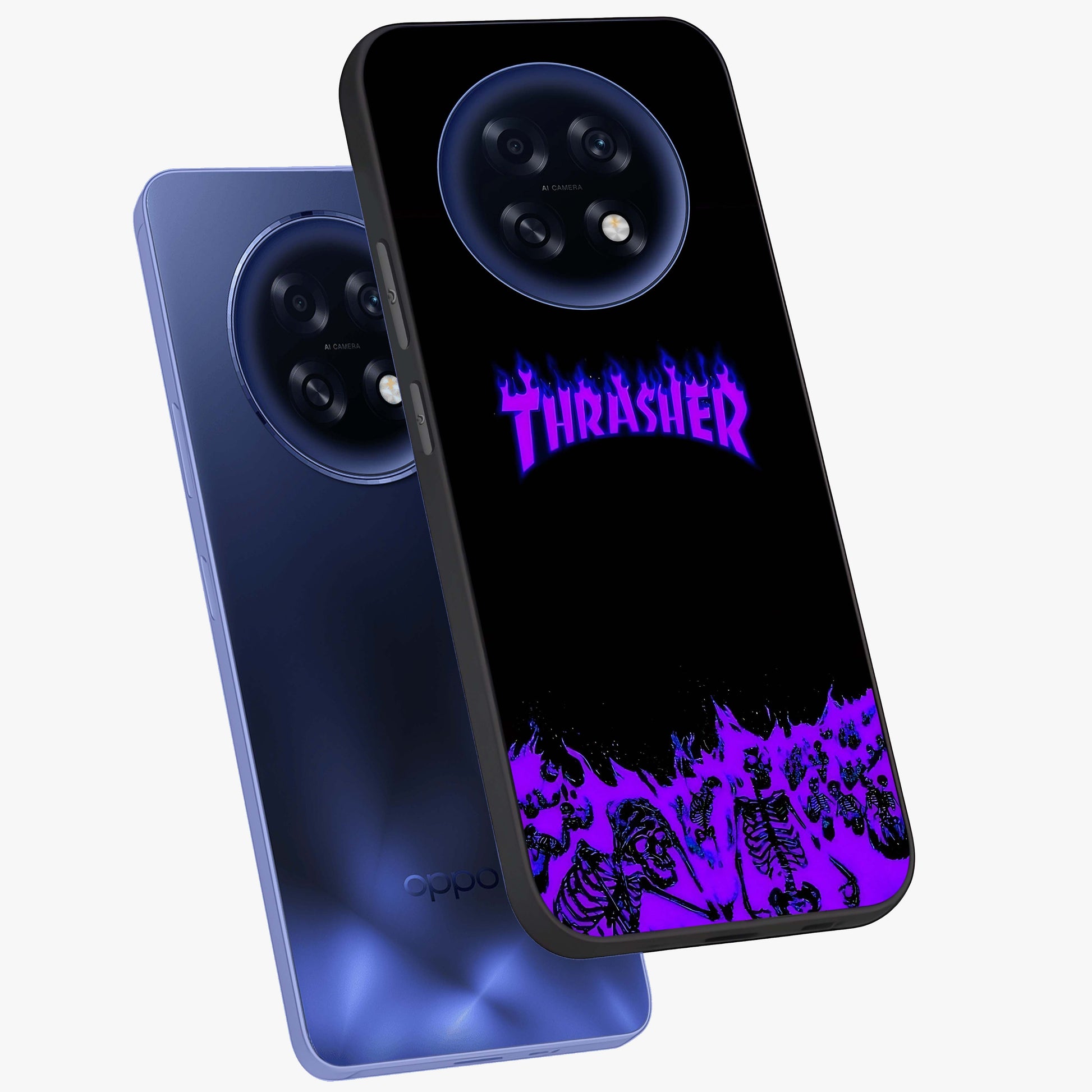 Neon Flame Riot Glass Case displayed in angled mockup highlighting glowing flame design with vibrant neon aesthetic.