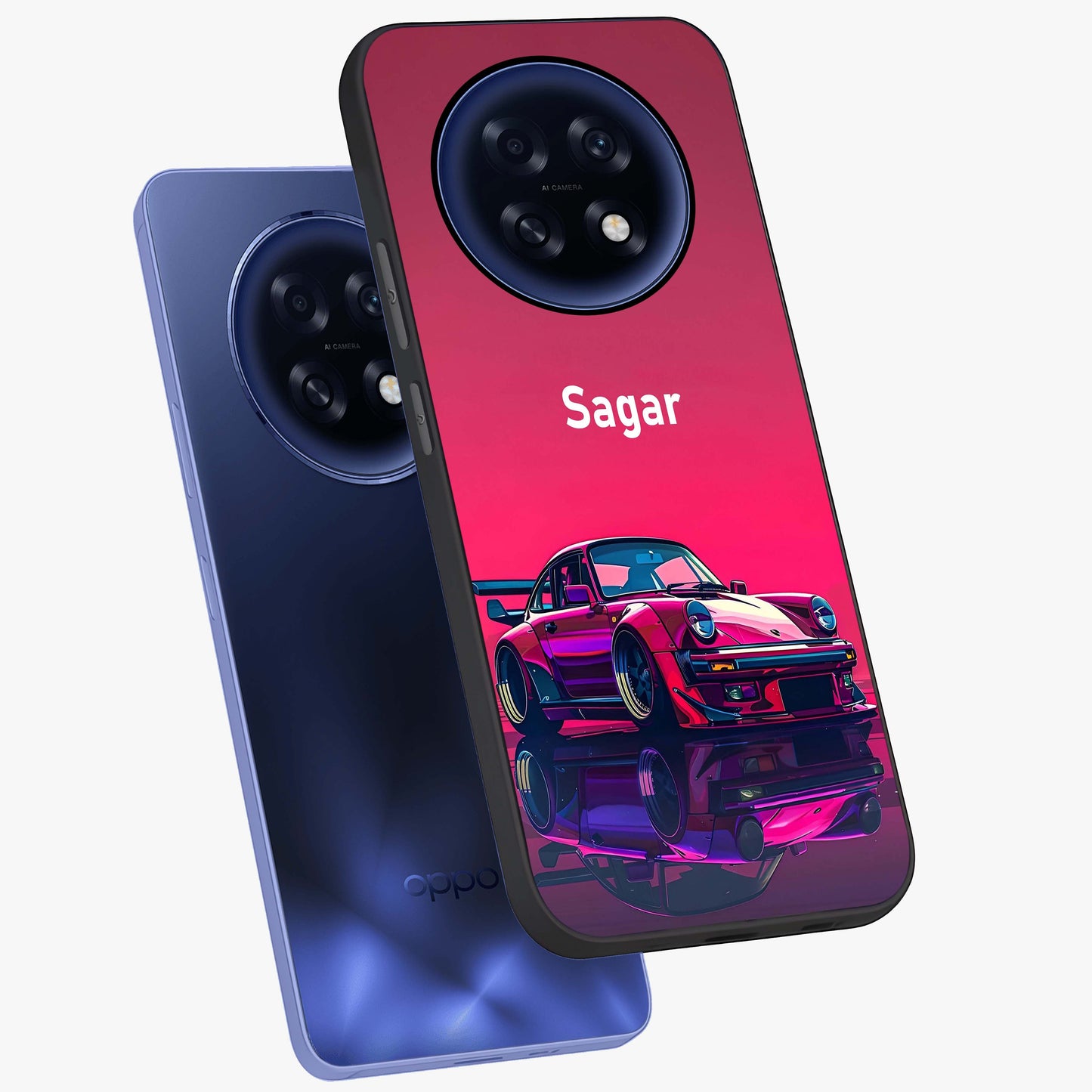 Neon Pink Porsche Glass Case displayed in angled mockup highlighting sleek neon pink car design with racing aesthetic.