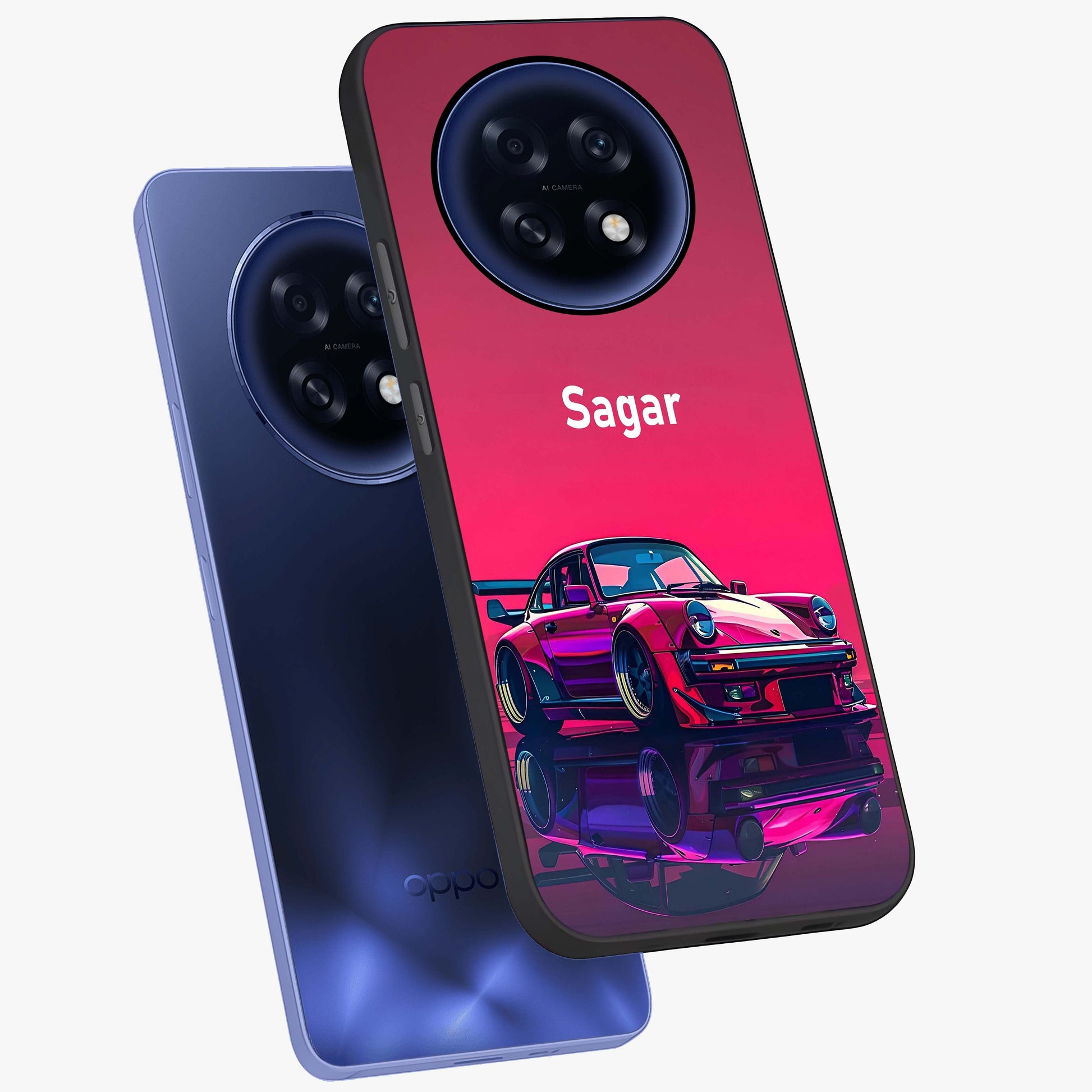 Neon Pink Porsche Glass Case displayed in angled mockup highlighting sleek neon pink car design with racing aesthetic.