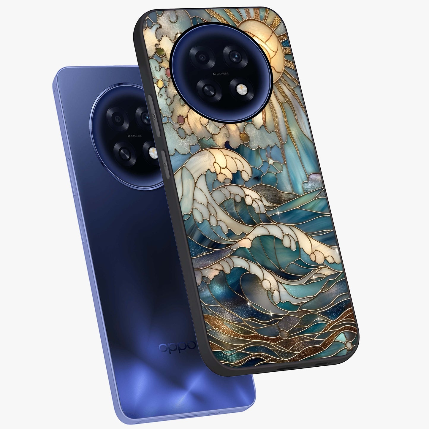 Oceanic Stained Printed Glass Case displayed in angled mockup highlighting colorful aquatic design with artistic aesthetic style.