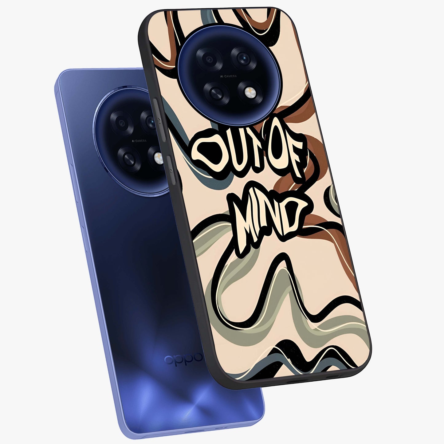 Out Of Mind Glass Case displayed in angled mockup highlighting bold statement design with modern artistic aesthetic.