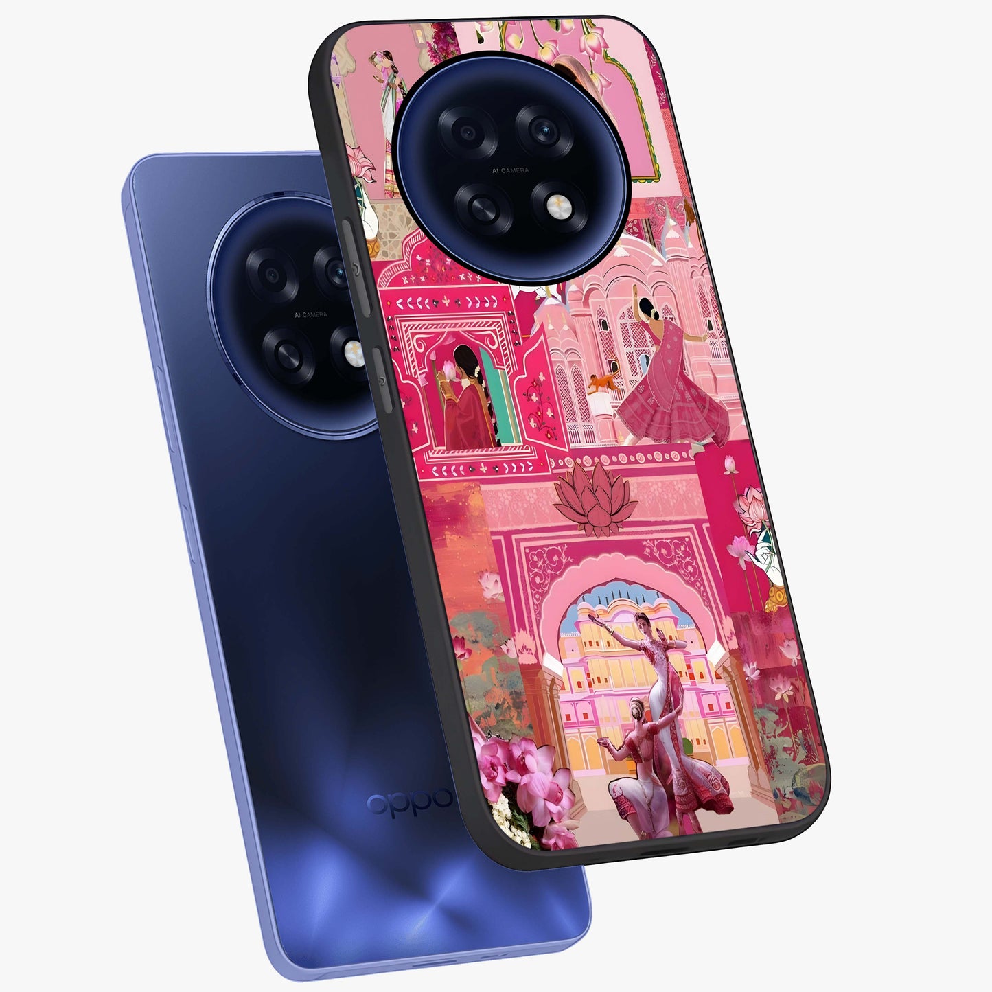 Pink Palace Muse Glass Case displayed in angled mockup highlighting dreamy palace illustration with soft pink aesthetic.