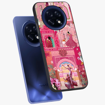Pink Palace Muse Glass Case displayed in angled mockup highlighting dreamy palace illustration with soft pink aesthetic.