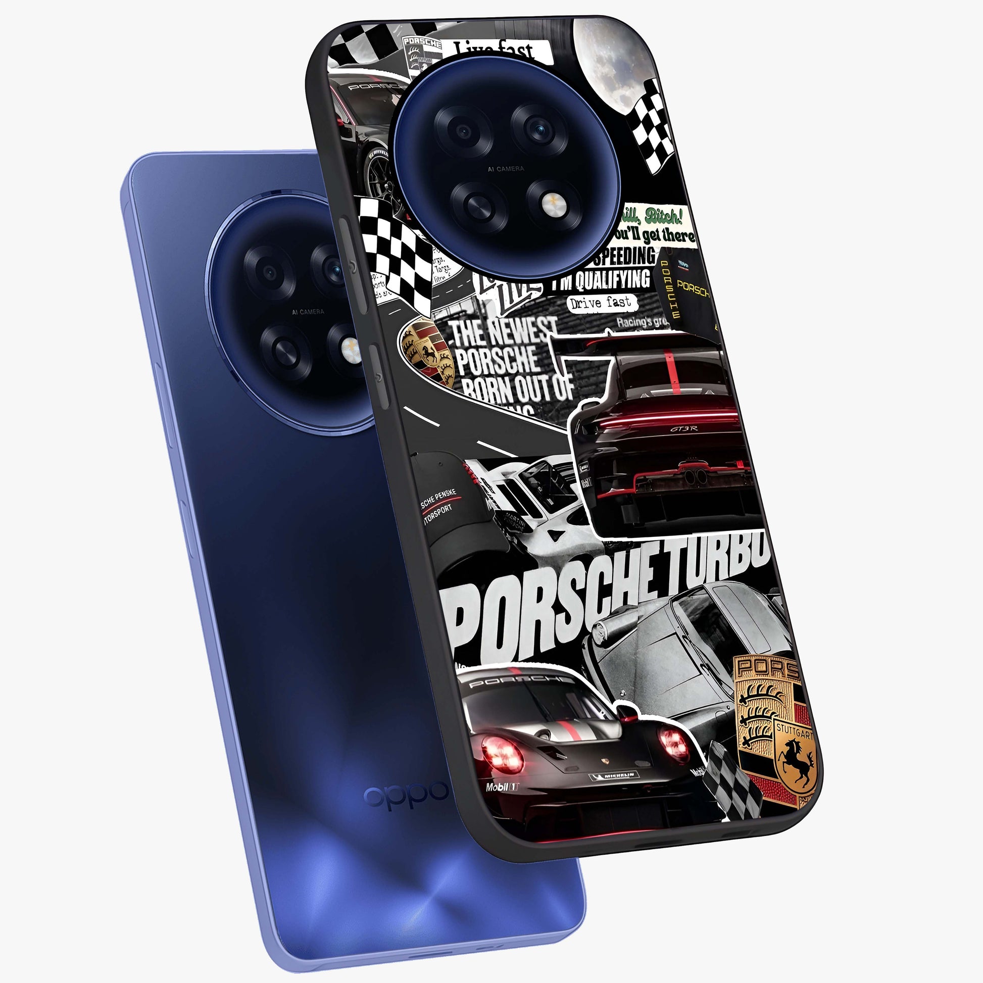 Porsche Racing Collage Glass Case displayed in angled mockup highlighting dynamic automotive design with bold racing aesthetic.