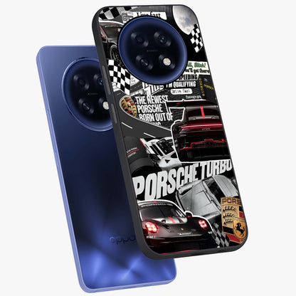 Porsche Racing Collage Glass Case displayed in angled mockup highlighting dynamic automotive design with bold racing aesthetic.