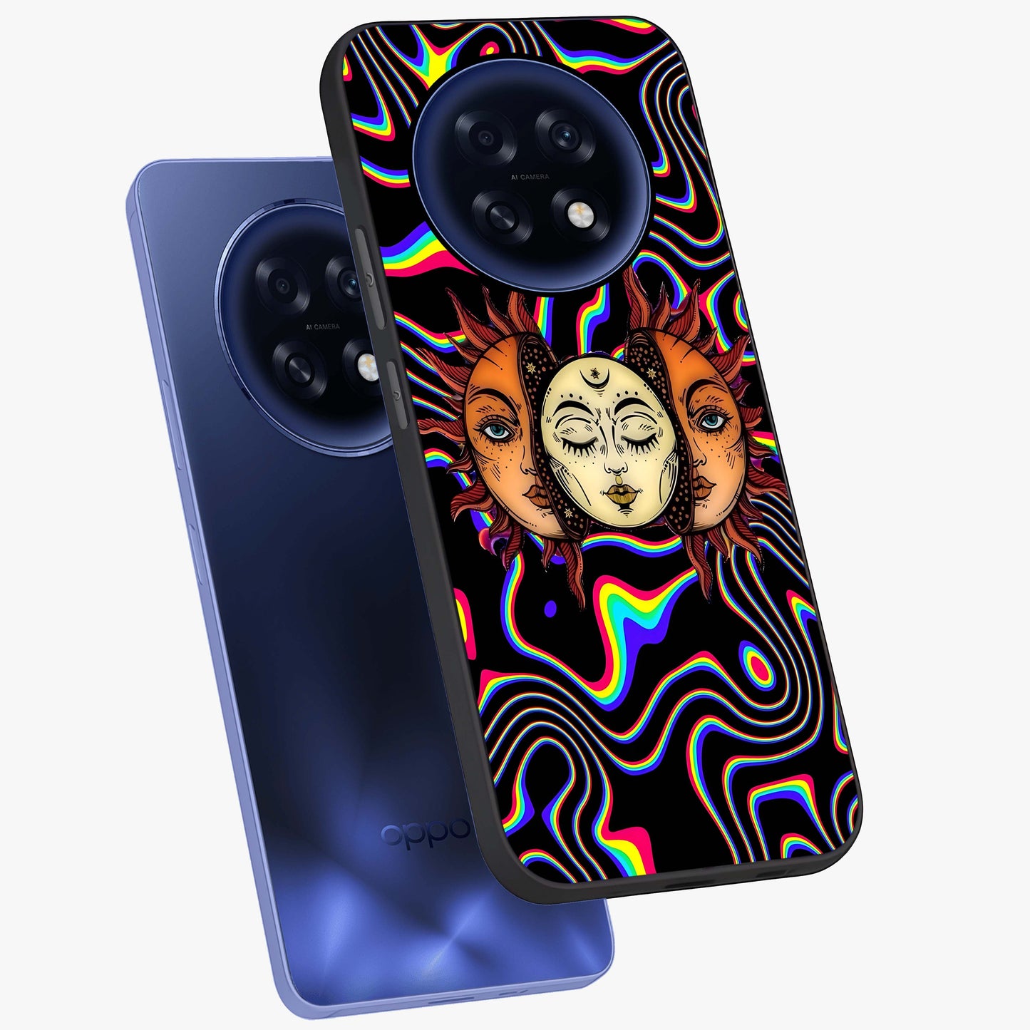 Psychedelic Sun Glass Case displayed in angled mockup highlighting vibrant abstract sun design with artistic aesthetic style.