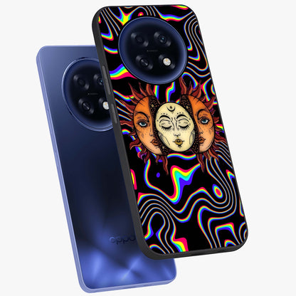 Psychedelic Sun Glass Case displayed in angled mockup highlighting vibrant abstract sun design with artistic aesthetic style.