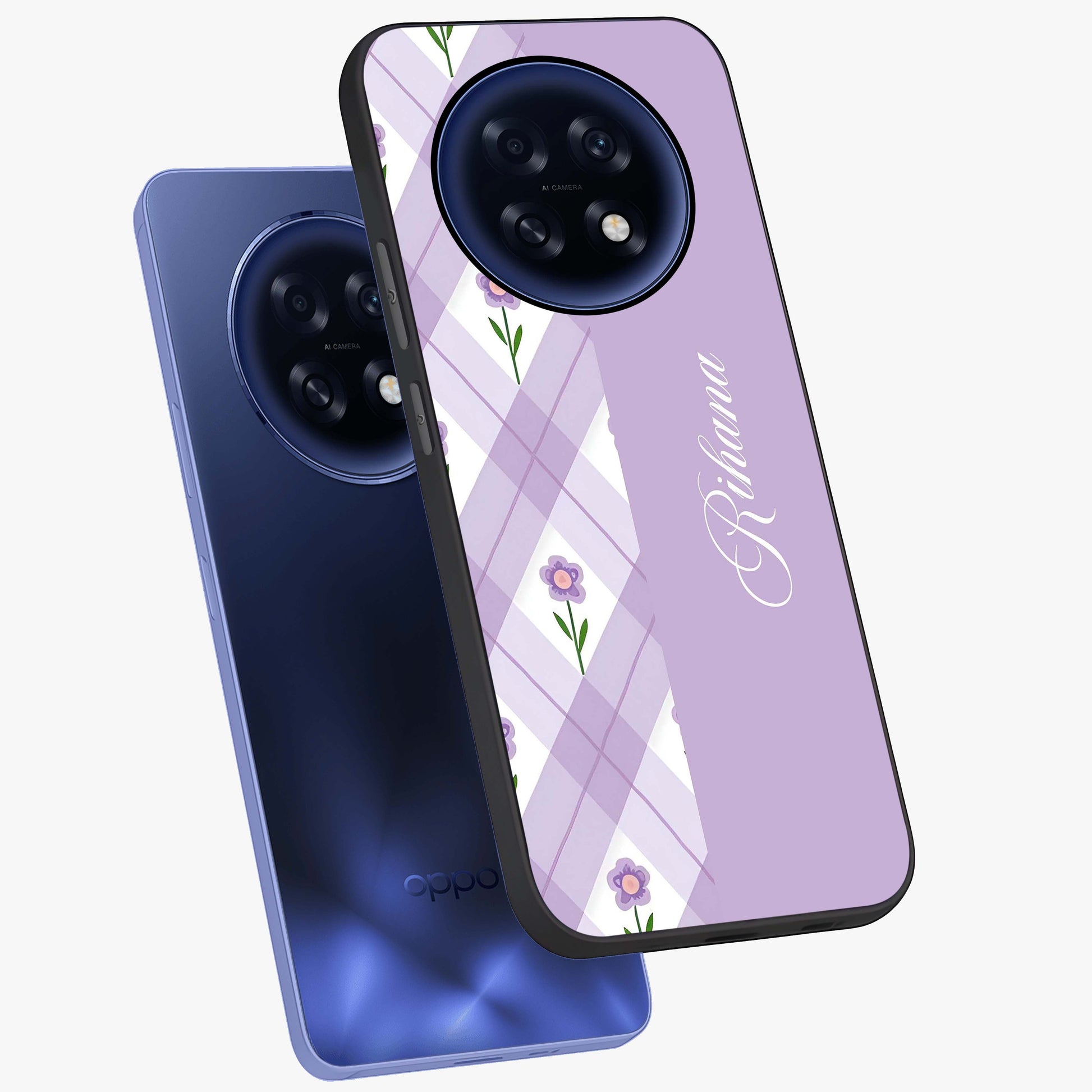 Purple Diamond Floral Glass Case displayed in angled mockup highlighting elegant purple flower design with decorative pattern.