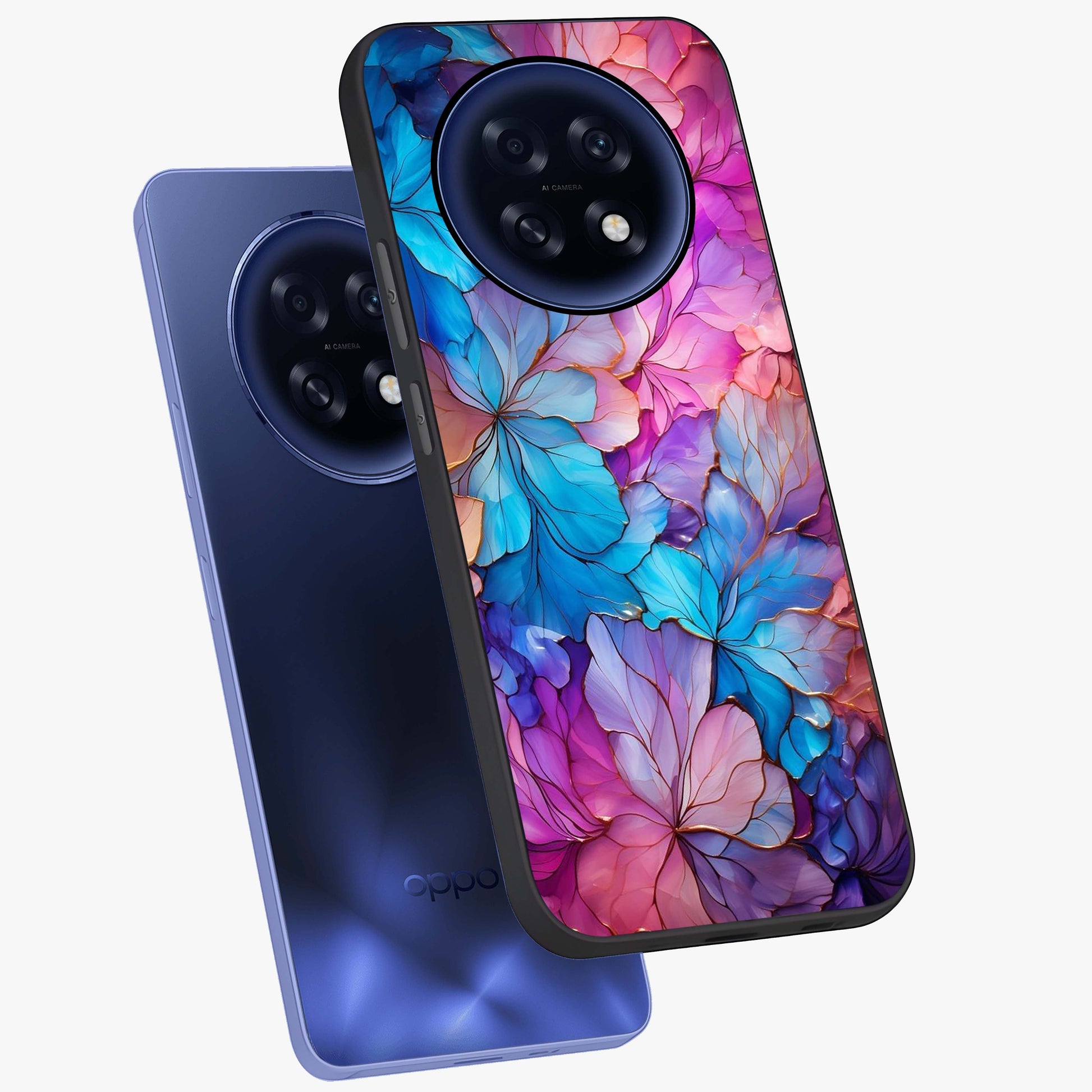 Radiant Floral Whirl Glass Case displayed in angled mockup highlighting vibrant flower pattern with dynamic artistic aesthetic.