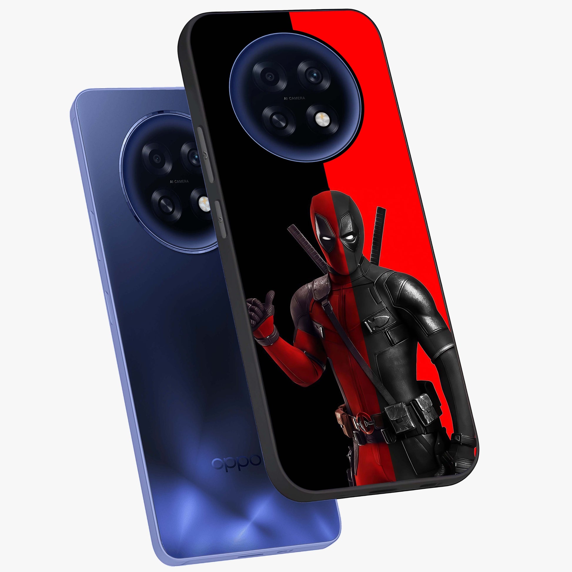 Red & Black Deadpool Theme Glass Case displayed in angled mockup highlighting vibrant superhero style illustration with action aesthetic.
