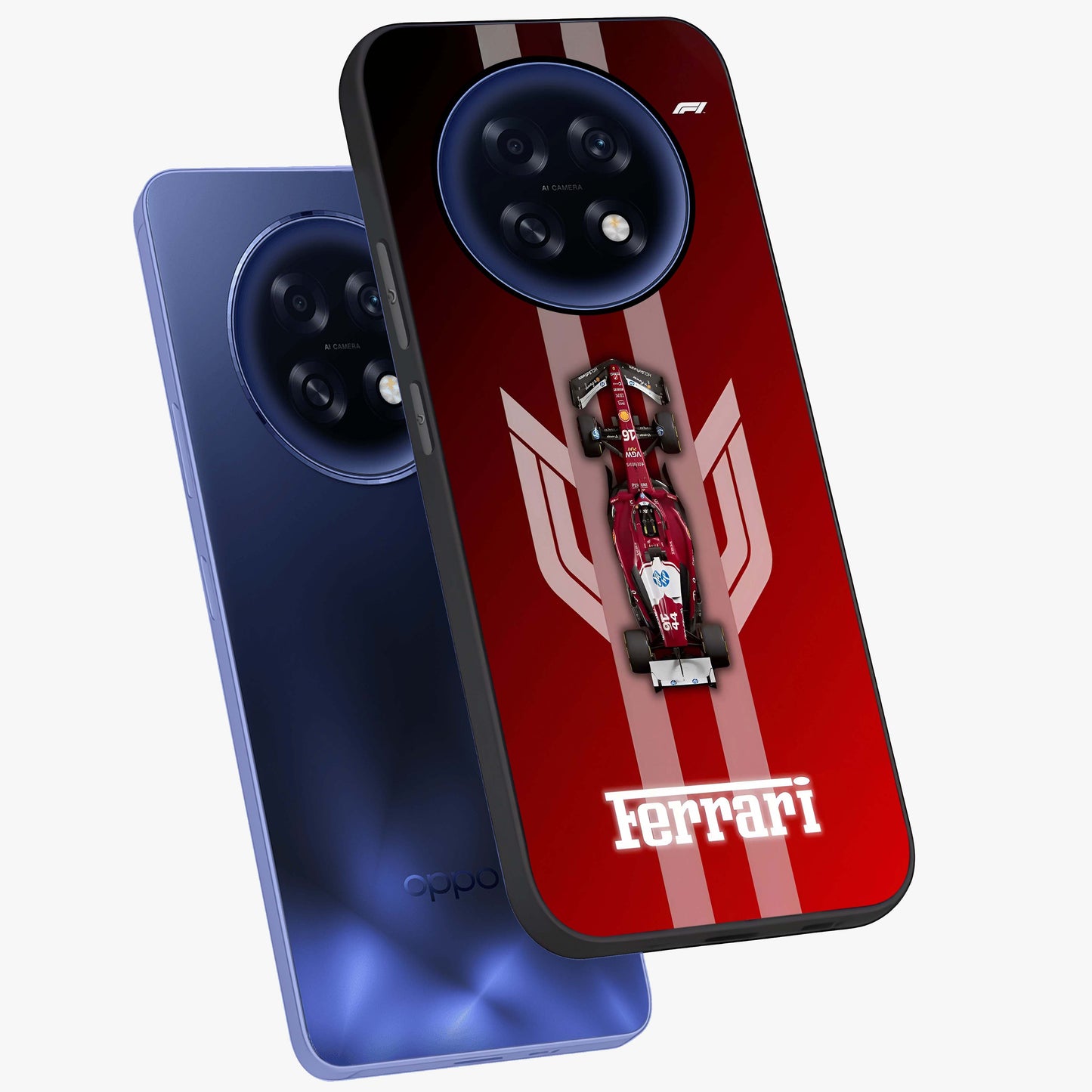 Red Ferrari F1 Vertical Glass Case displayed in angled mockup highlighting high speed racing design with bold automotive aesthetic.