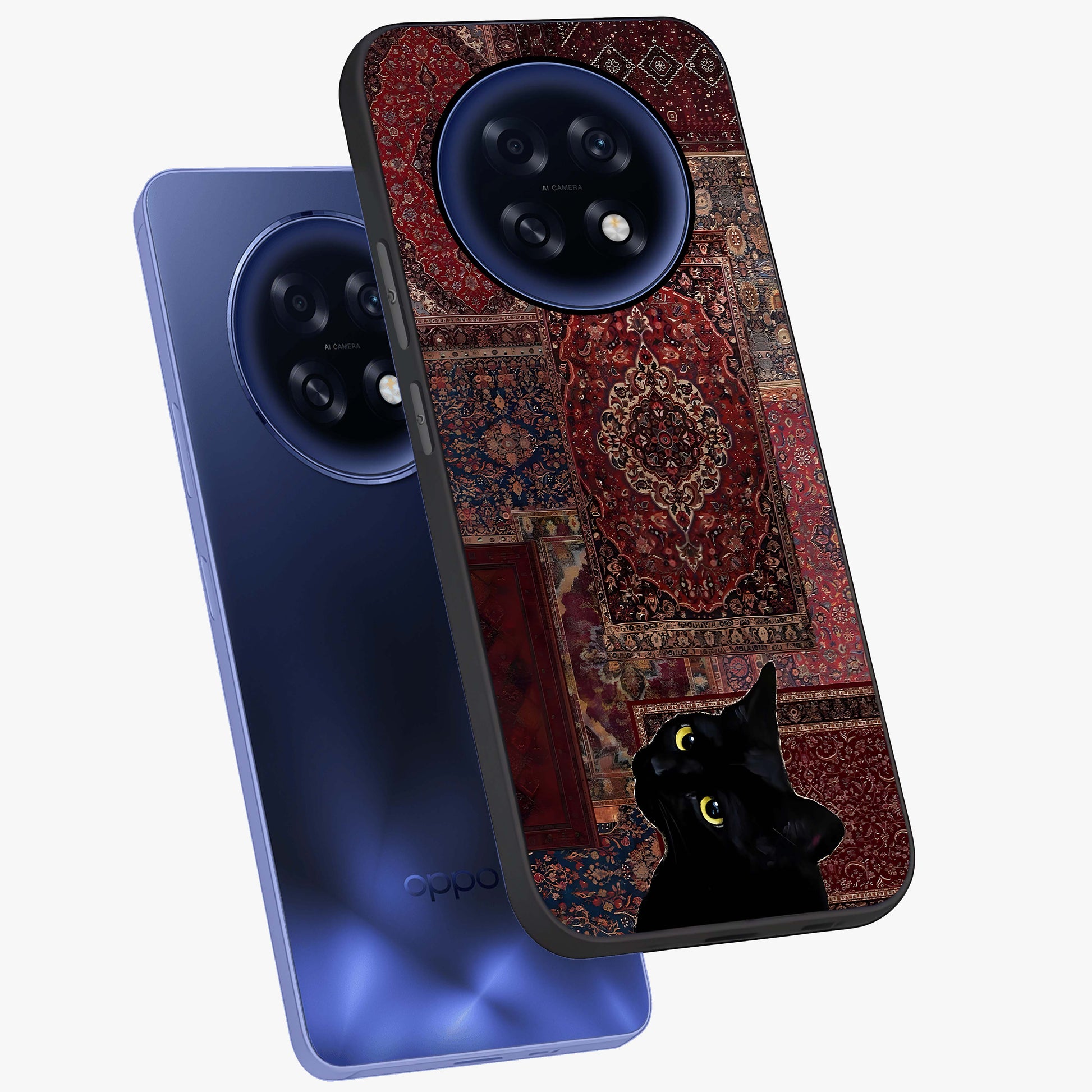 Regal Magic Cat Apple Glass Case displayed in angled mockup highlighting whimsical feline design with fantasy aesthetic.