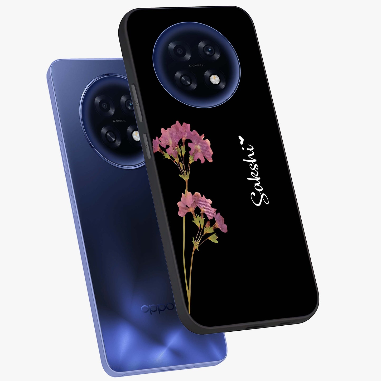 Riching Lavender Flower Custom Name Glass Case displayed in angled mockup highlighting delicate lavender flower design with custom name feature.