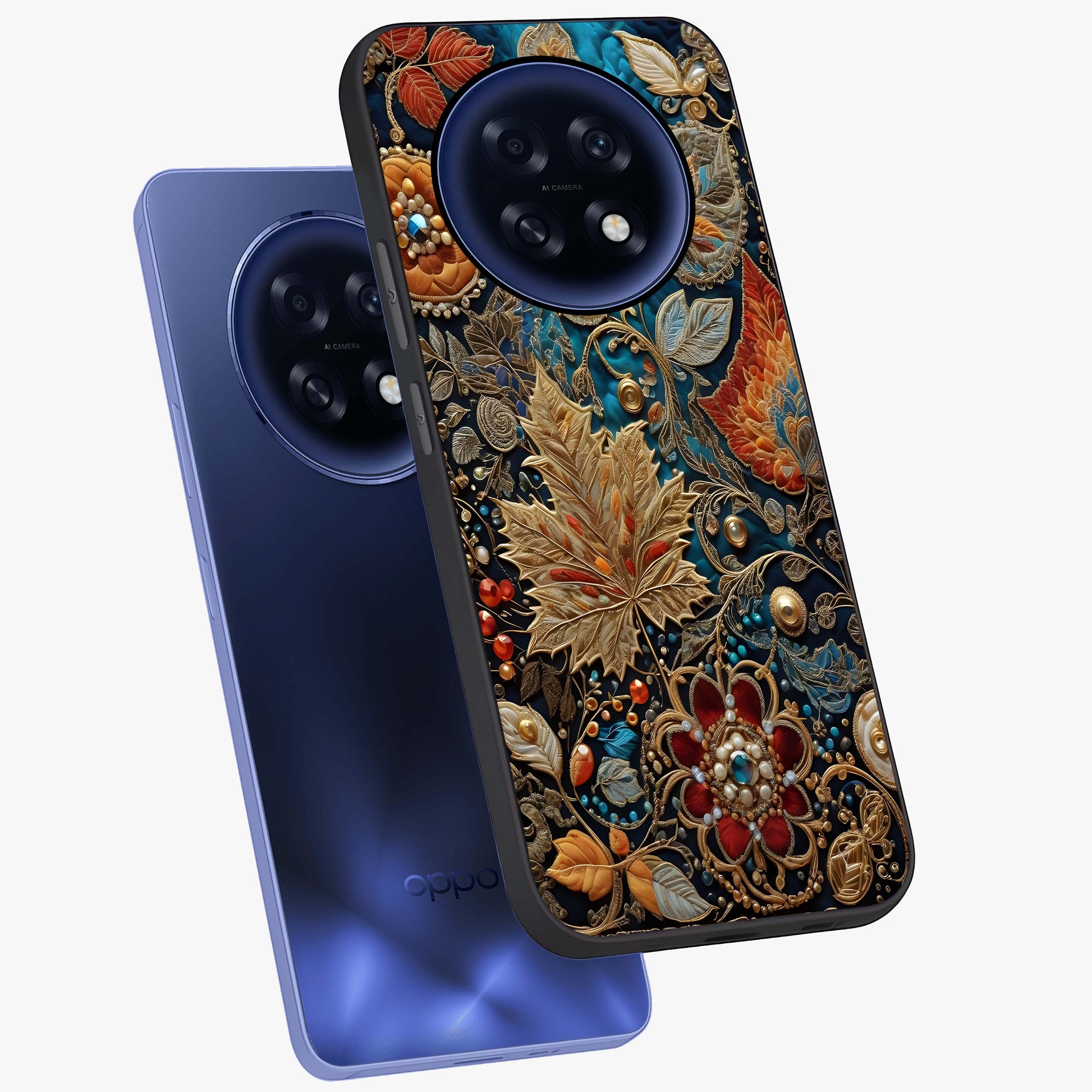 Royal Jewel Garden Glass Case displayed in angled mockup highlighting vibrant jewel inspired floral design with elegant aesthetic.
