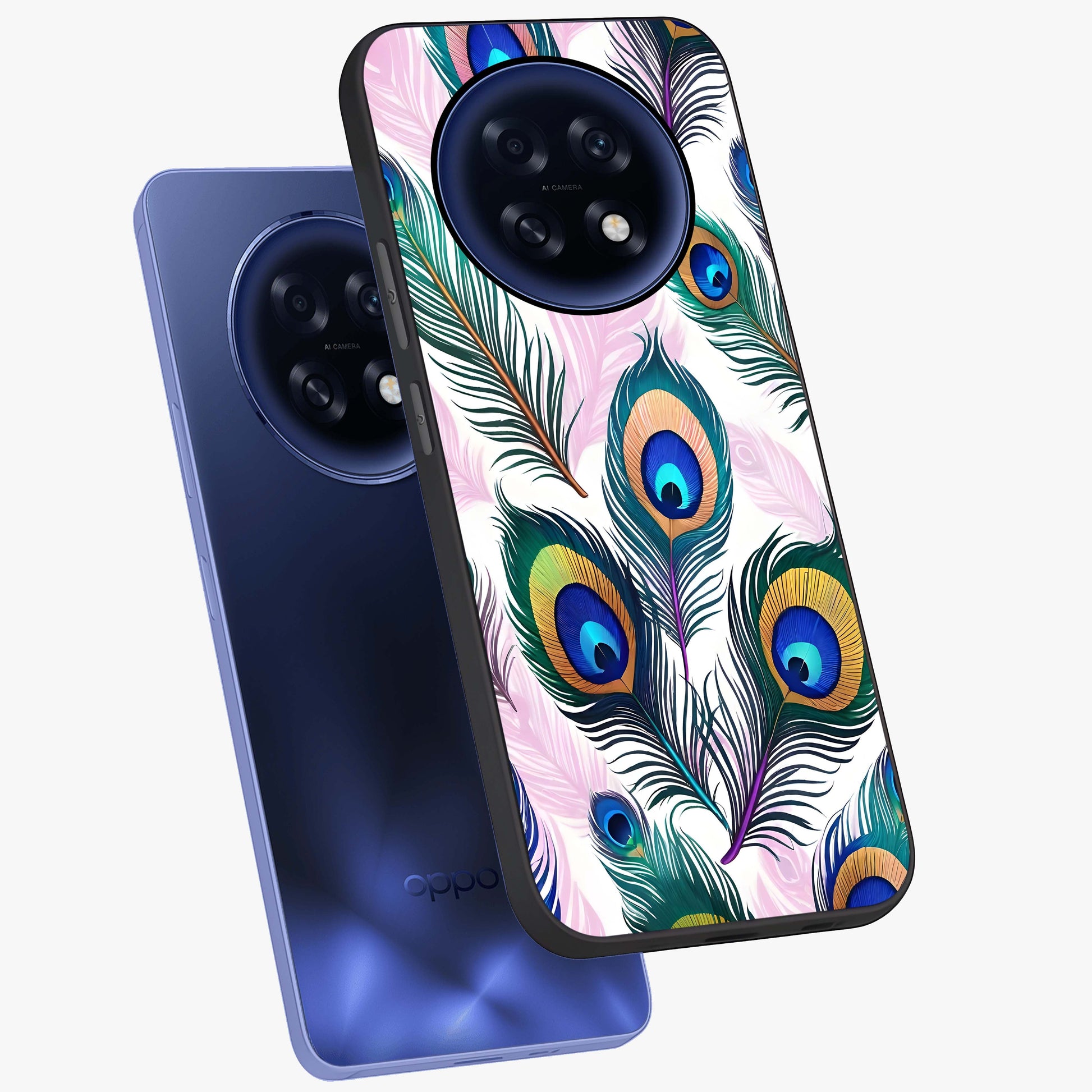 Royal Peacock Feathers Glass Case displayed in angled mockup highlighting vibrant feather pattern with regal aesthetic style.