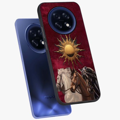 Solar Riders Glass Case displayed in angled mockup highlighting powerful rider illustration with radiant solar aesthetic.