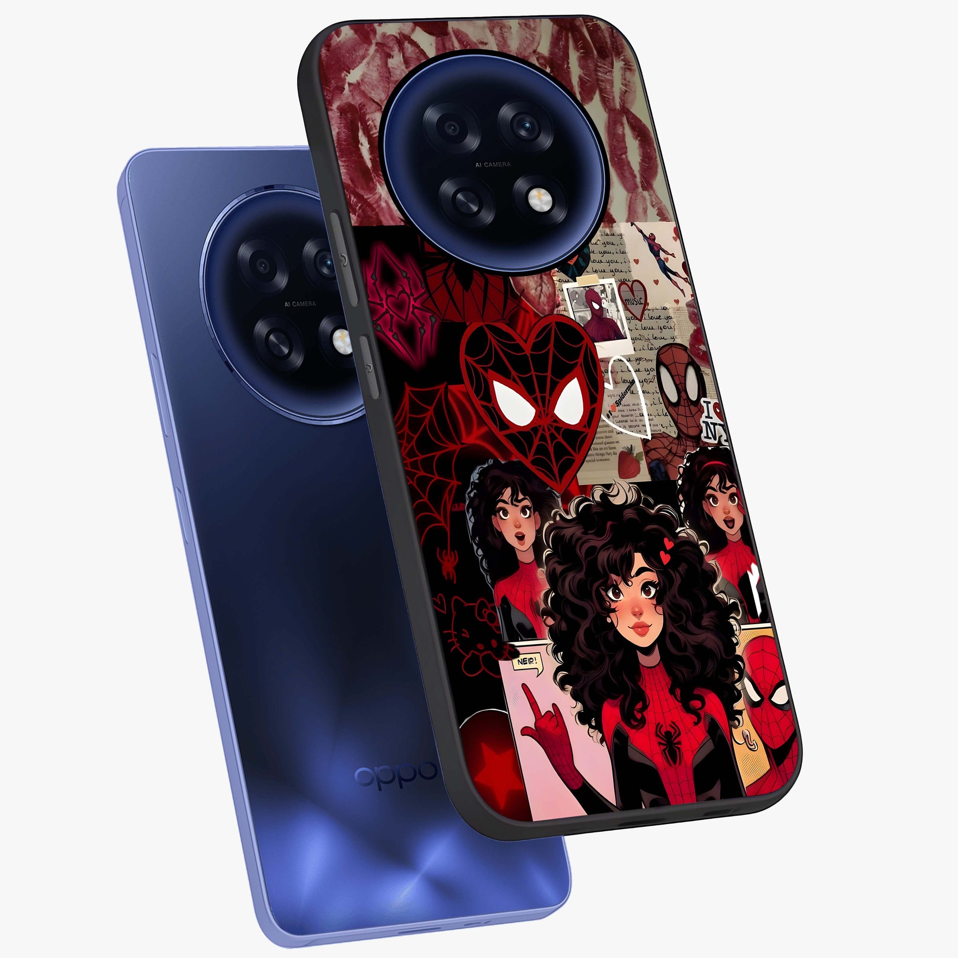 Spider Love Story Glass Case displayed in angled mockup highlighting expressive comic inspired design with playful aesthetic.