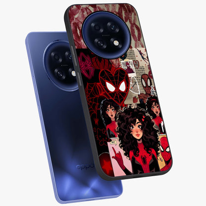 Spider Love Story Glass Case displayed in angled mockup highlighting expressive comic inspired design with playful aesthetic.