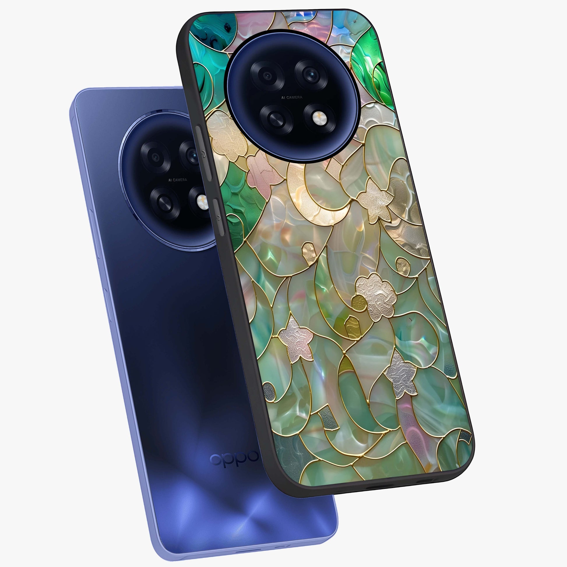 Stained Sunrise Glow Glass Case displayed in angled mockup highlighting radiant sunrise design with artistic aesthetic style.