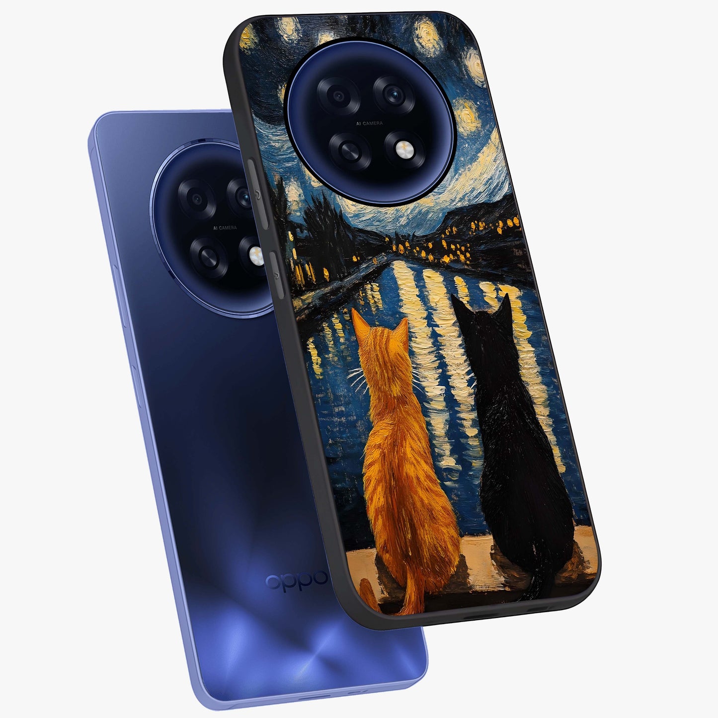 Starry River Cats Glass Case displayed in angled mockup highlighting charming feline illustration with dreamy night aesthetic.