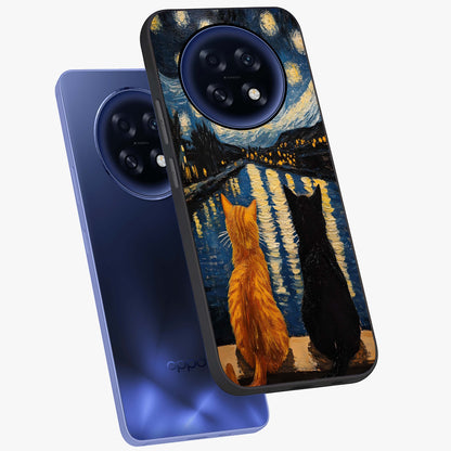 Starry River Cats Glass Case displayed in angled mockup highlighting charming feline illustration with dreamy night aesthetic.