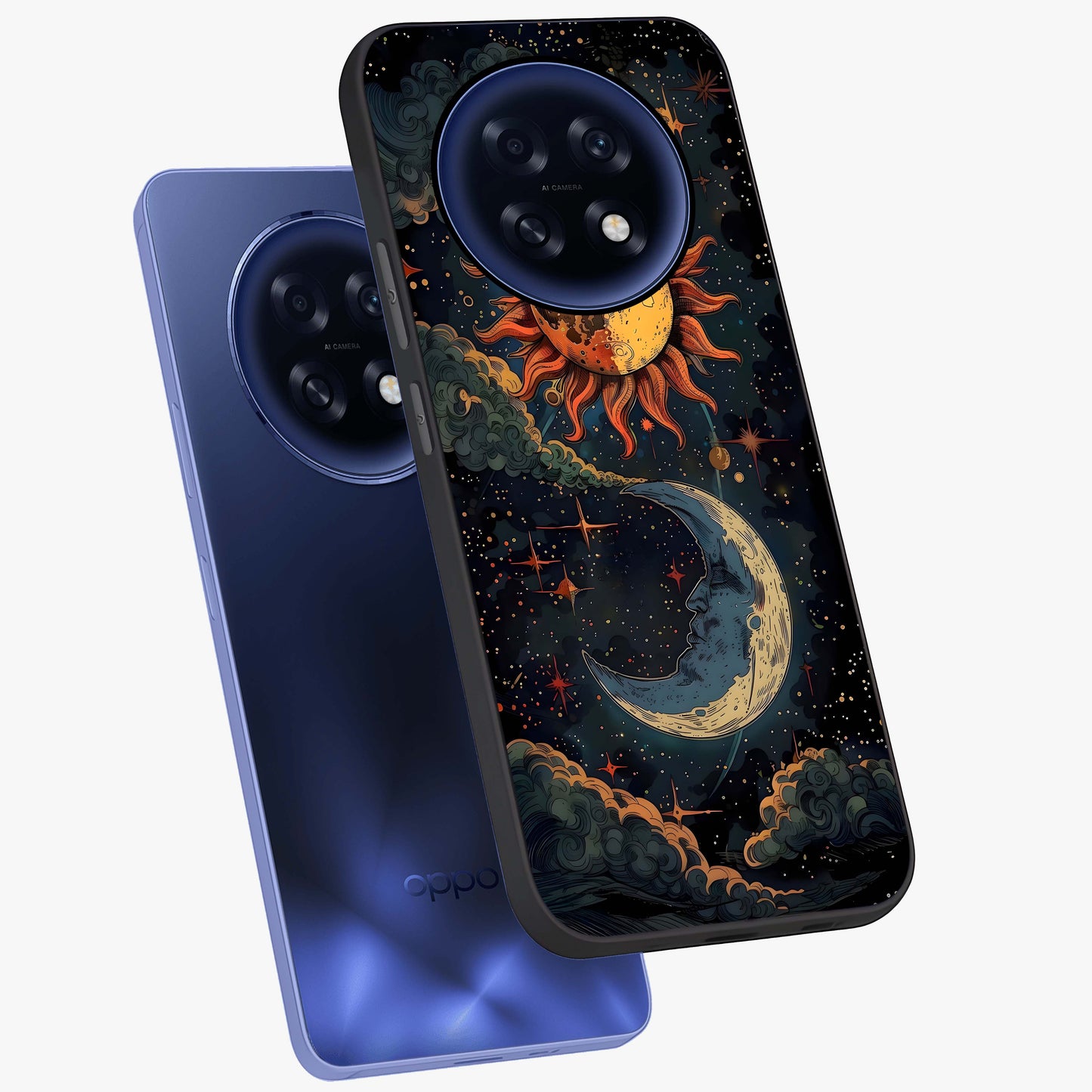 Sun And Moon Magic Design Glass Case displayed in angled mockup highlighting celestial design with magical cosmic aesthetic.