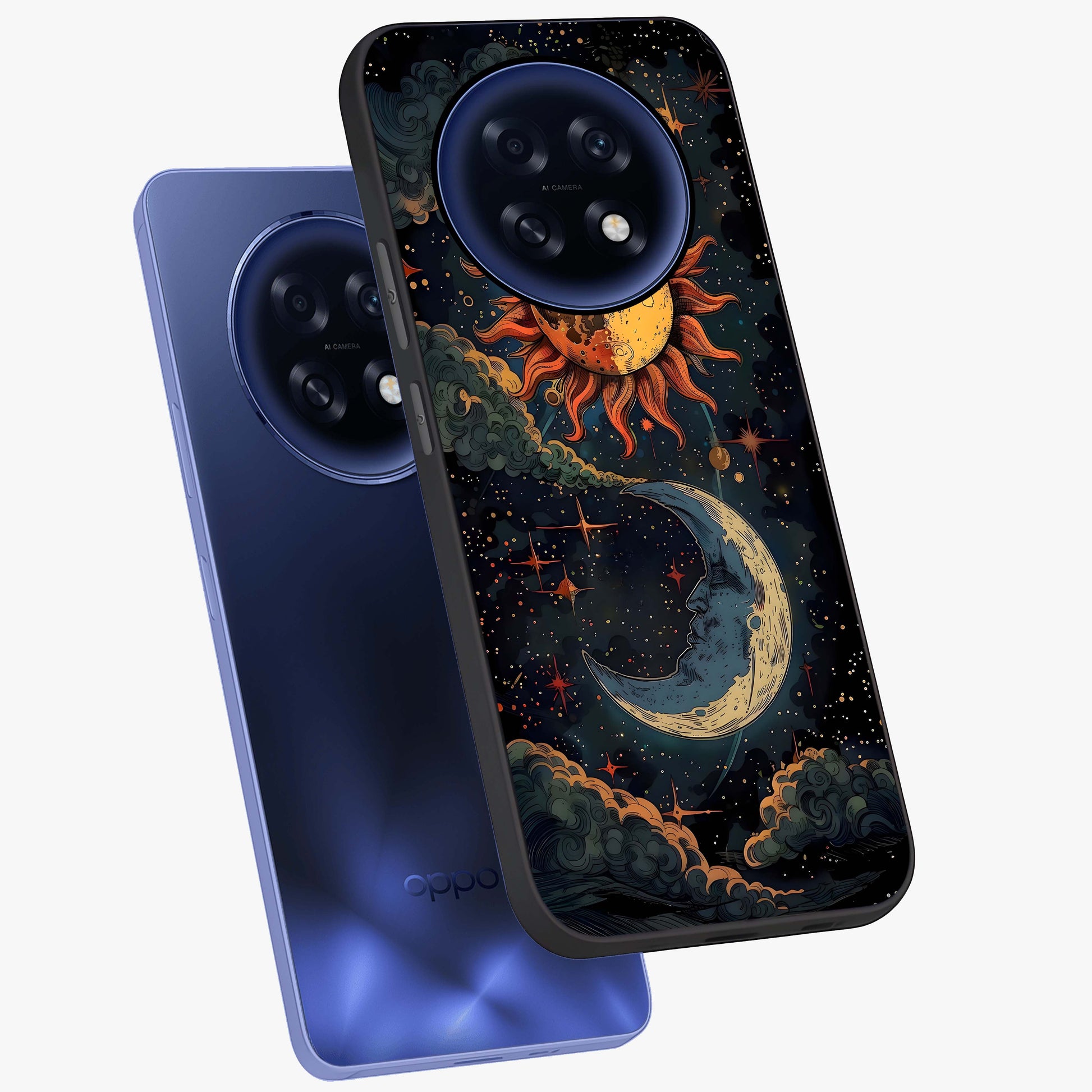 Sun And Moon Magic Design Glass Case displayed in angled mockup highlighting celestial design with magical cosmic aesthetic.