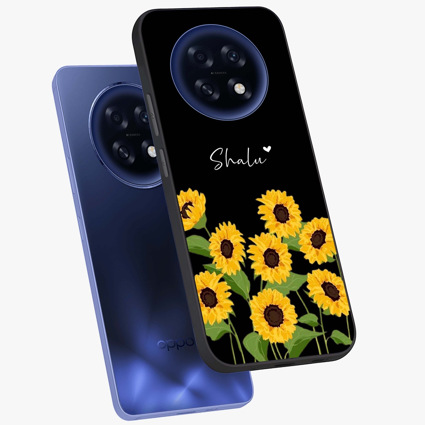Sunflower Chic Mood Custom Name Glass Case displayed in angled mockup highlighting vibrant sunflower design with custom name feature.