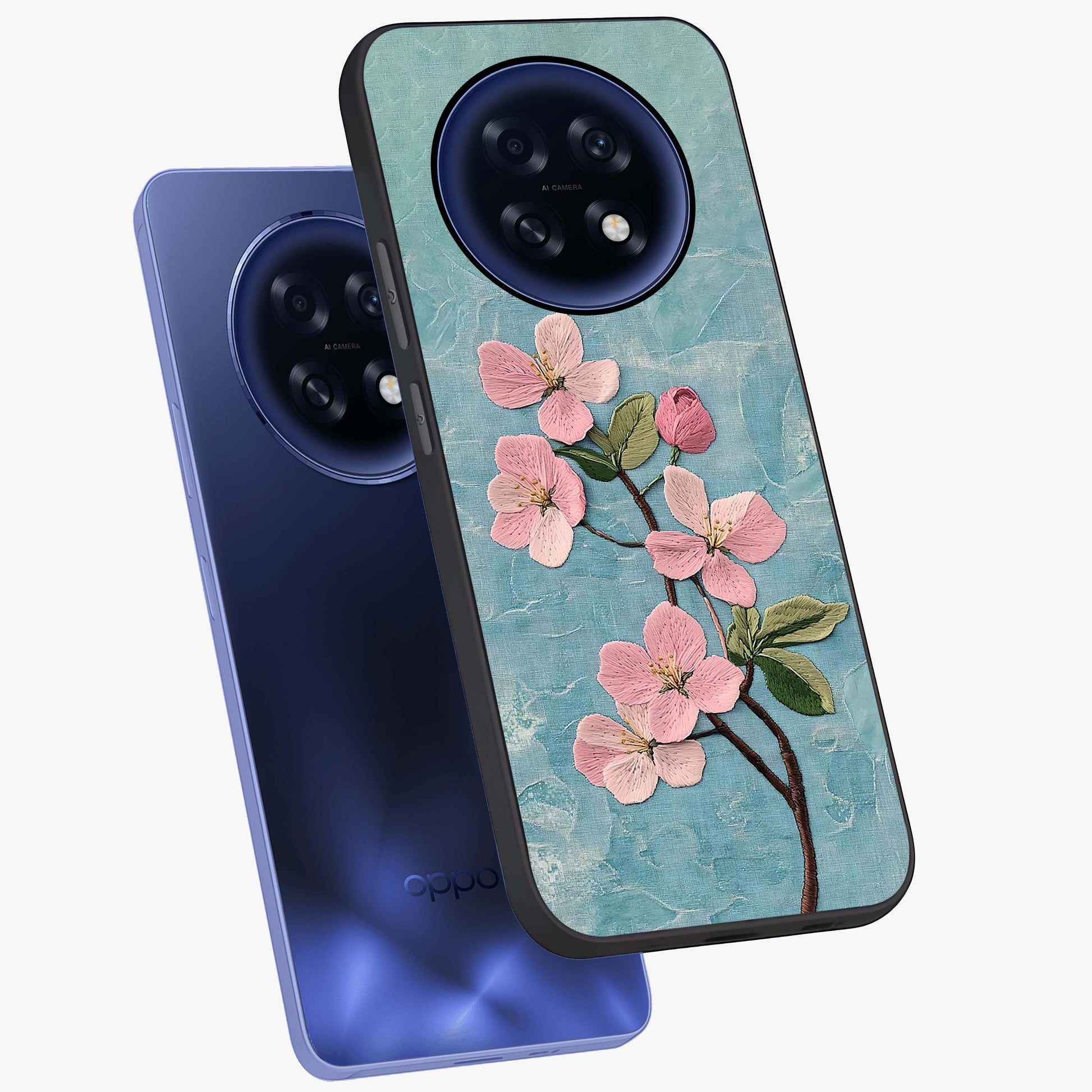 Threaded Blossom Breeze Glass Case displayed in angled mockup highlighting elegant floral design with soft aesthetic style.