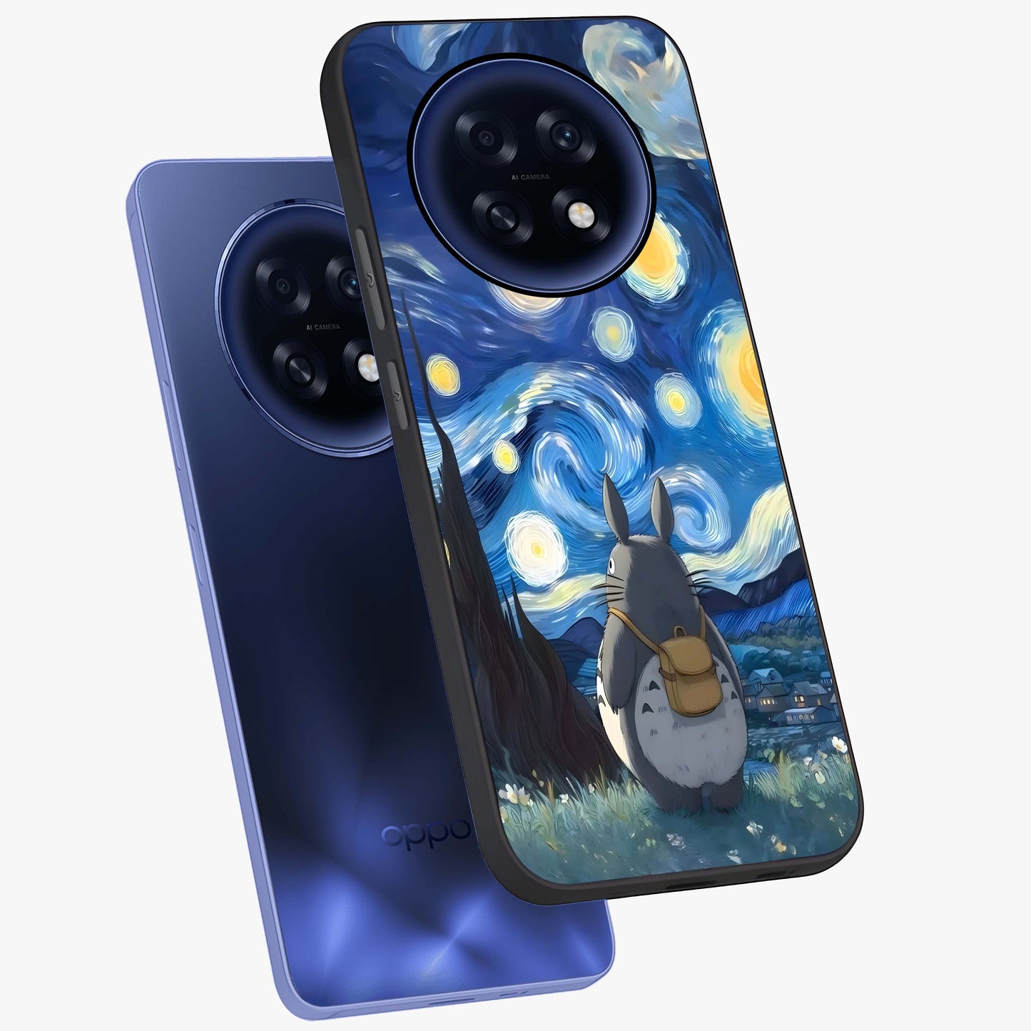 Totoro In Van Gogh Art Glass Case displayed in angled mockup highlighting artistic swirling sky design with playful animation aesthetic.