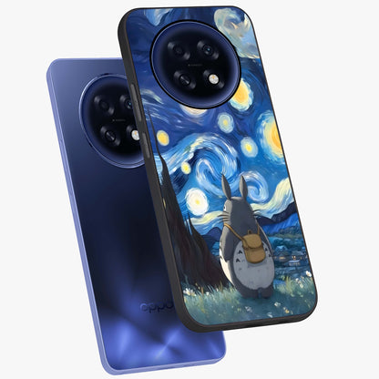 Totoro In Van Gogh Art Glass Case displayed in angled mockup highlighting artistic swirling sky design with playful animation aesthetic.