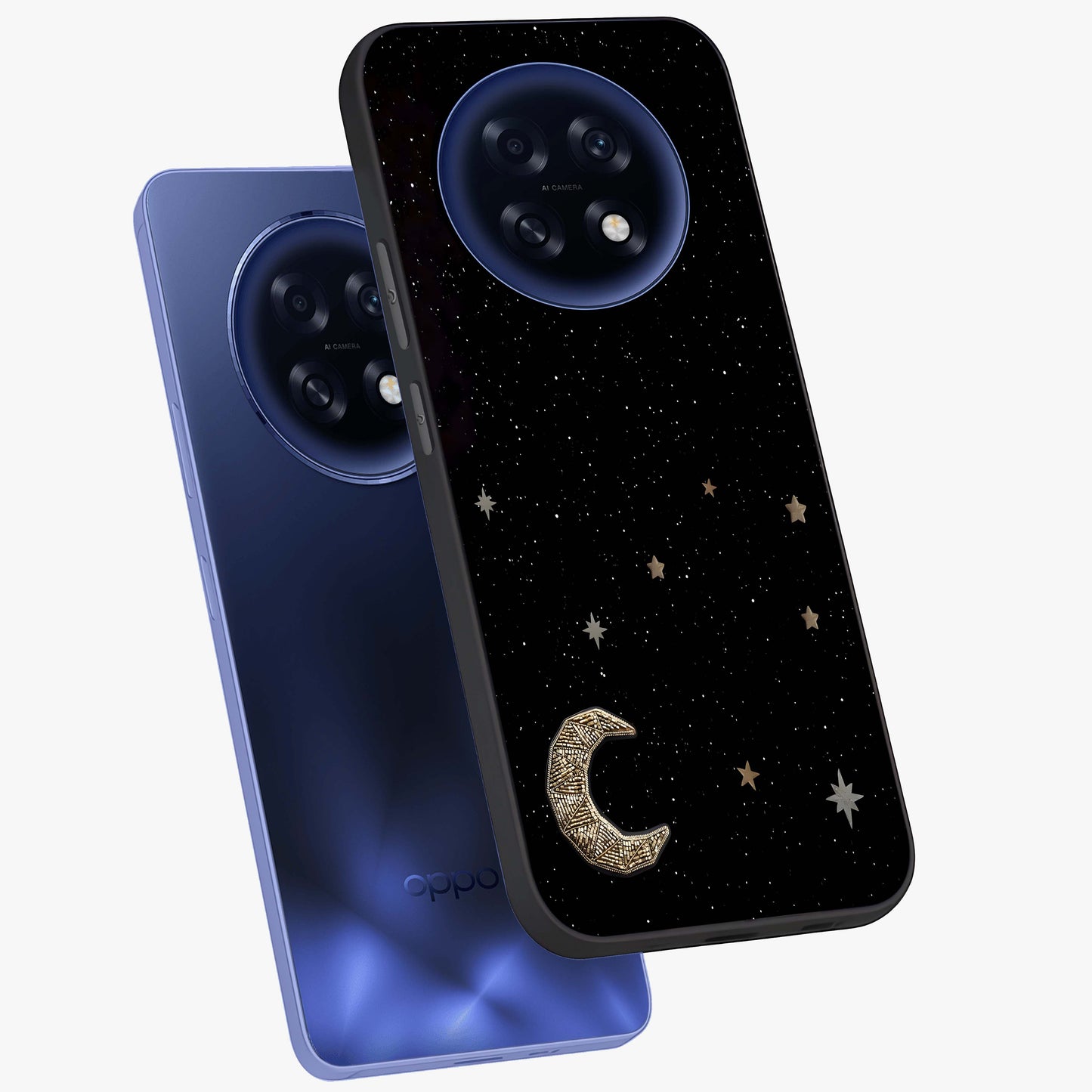 Twinkle Star With Half Moon Glass Case displayed in angled mockup highlighting celestial moon and star design with magical aesthetic.