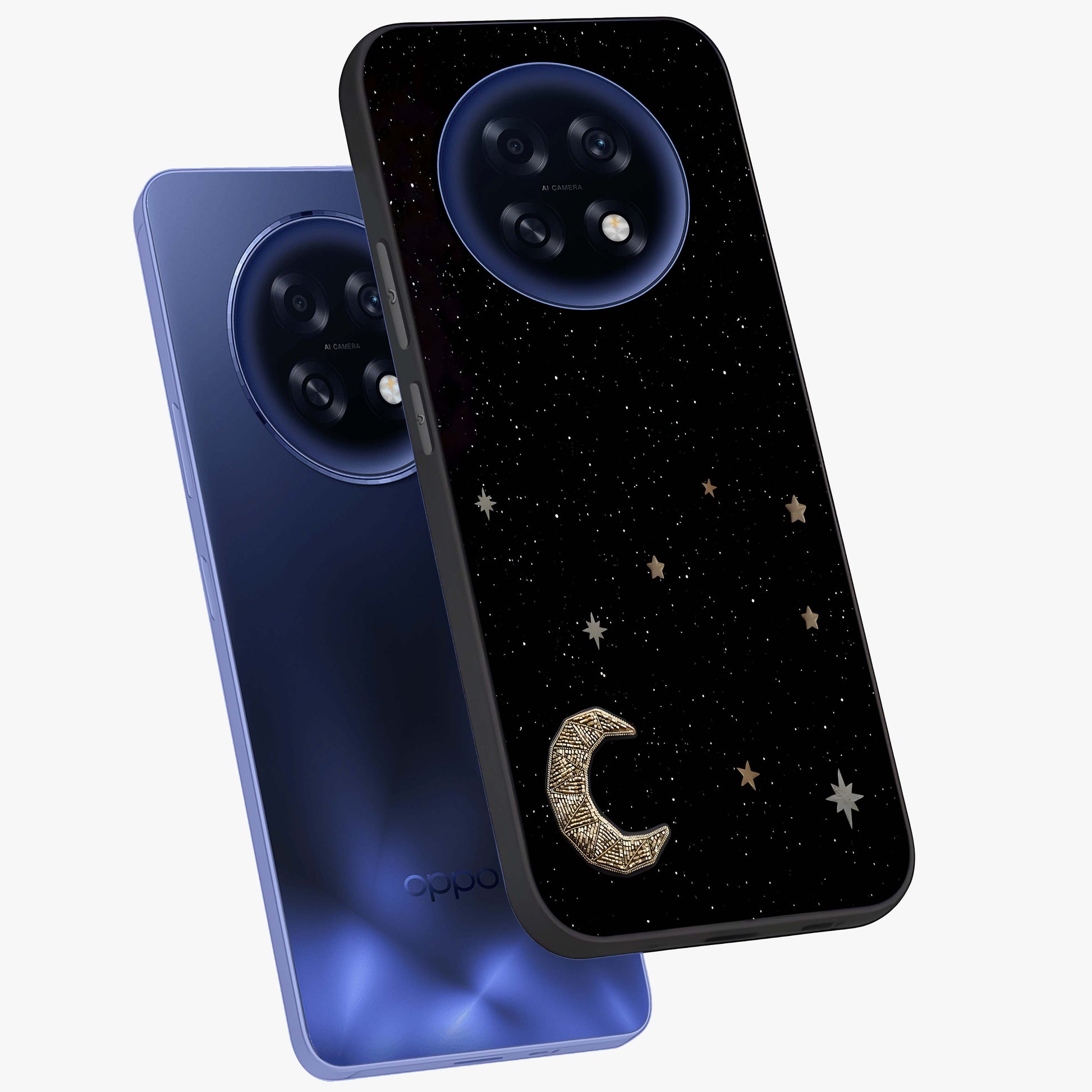 Twinkle Star With Half Moon Glass Case displayed in angled mockup highlighting celestial moon and star design with magical aesthetic.