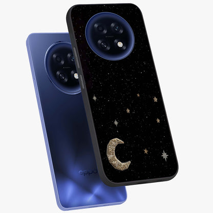 Twinkle Star With Half Moon Glass Case displayed in angled mockup highlighting celestial moon and star design with magical aesthetic.